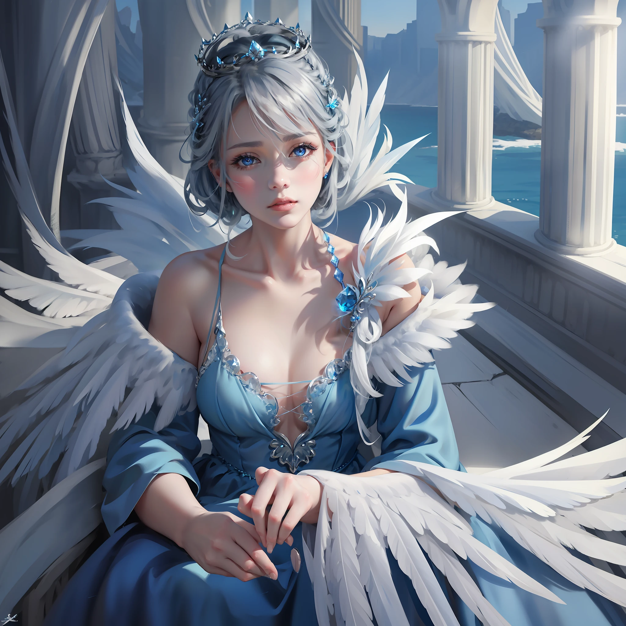 Ultra-clear, fine, feathered, gray hair, blue eyes, crown made of ice on the girl's head, blue dress
