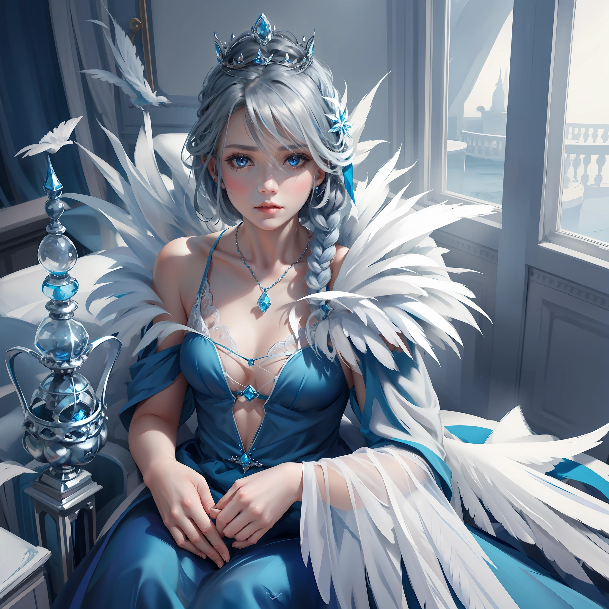 Ultra-clear, fine, feathered, gray hair, blue eyes, crown made of ice on the girl's head, blue dress