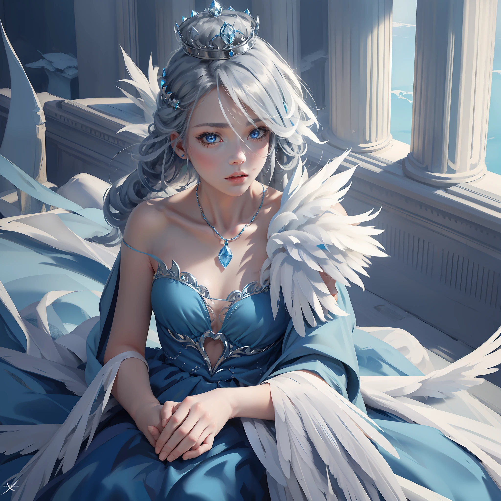 Ultra-clear, fine, feathered, gray hair, blue eyes, crown made of ice on the girl's head, blue dress