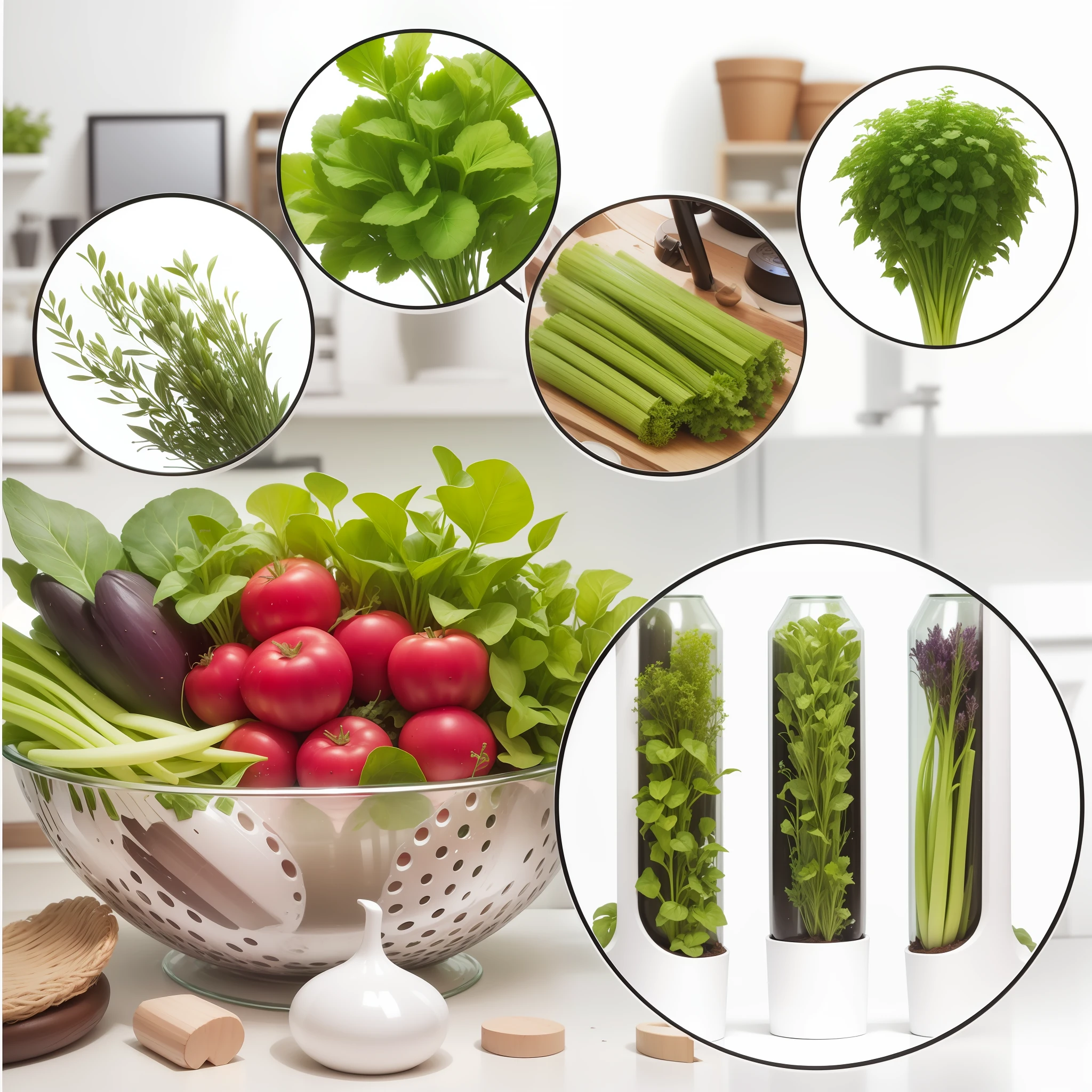arafed image of a bowl of vegetables and herbs, food particles, hydroponic farms, vertical vegetable gardens, greens), visually crisp & clear, vegetable foliage, organic and robotic, veggies, vegetables, plant forest in glass tubes, product introduction photo, vibrant greenery, description, lush greens, professional product photo, screensaver, elegant high quality, foreground background --auto --s2