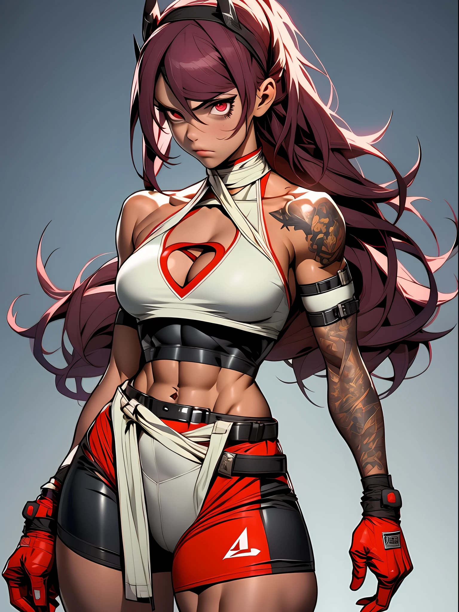 full body shot, 1girl,darlims, gloves, headband, muscular female, belt, halterneck, bandages, tattoo, navel, thigh strap, Posture_of_at_least_two_characters, stilt_house,
 (sharp focus, eyes focus, masterpiece,best quality, realistic detail,clear image,realistic,high resolution)