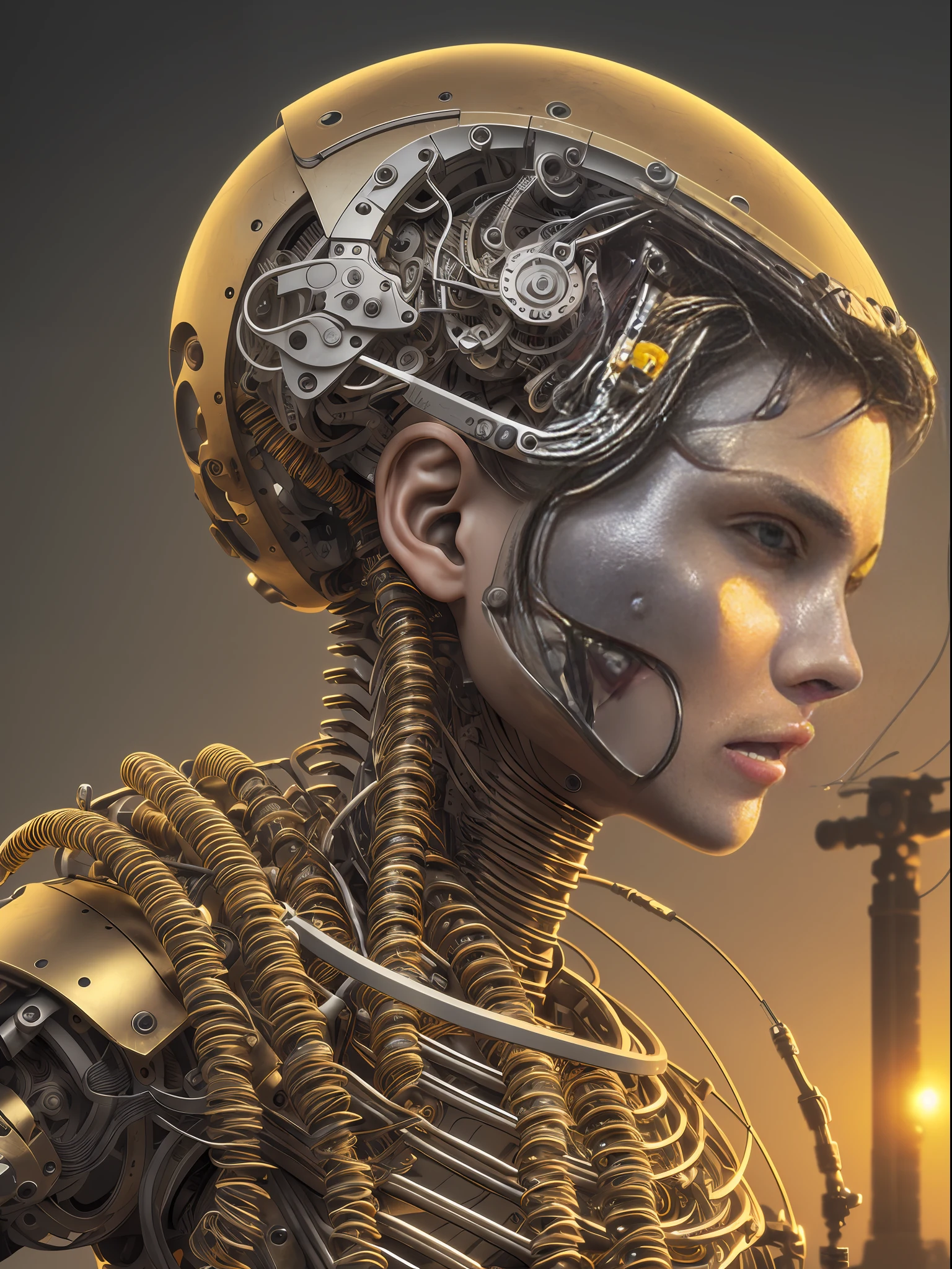 (((masterpiece))), ((best quality)), (ultra-detailed), (CG illustration), (an extremely tortuous and beautiful one)), cinematic light, ((1 mechanical boy)), simple, (machined joints: 1.4), ((mechanical limbs)), (blood vessels attached to tube), ((mechanical spine attached to back)), ((mechanical cervical vertebrae attached to neck), ((back to viewer)), angry, (wires and wires attached to head and body:  1.5), science fiction, apocalypse, ruins