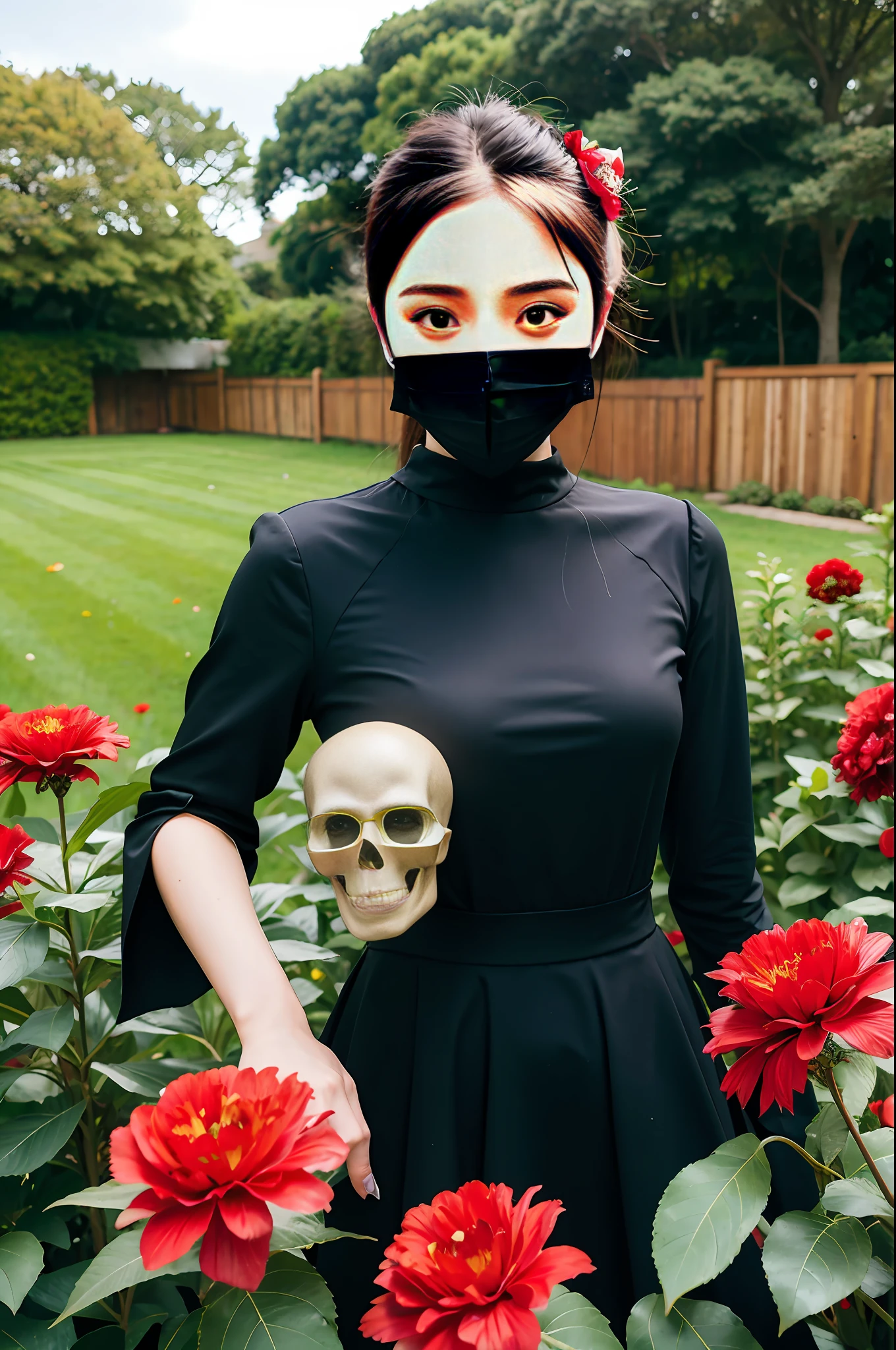 Black tears, corolla, revolutionary, possession of a pistol, skull mask, dark theme, 18 year old girl in the garden, black dress, (top quality, masterpiece: 1.2), (red flower chaos in the background: 1.3)