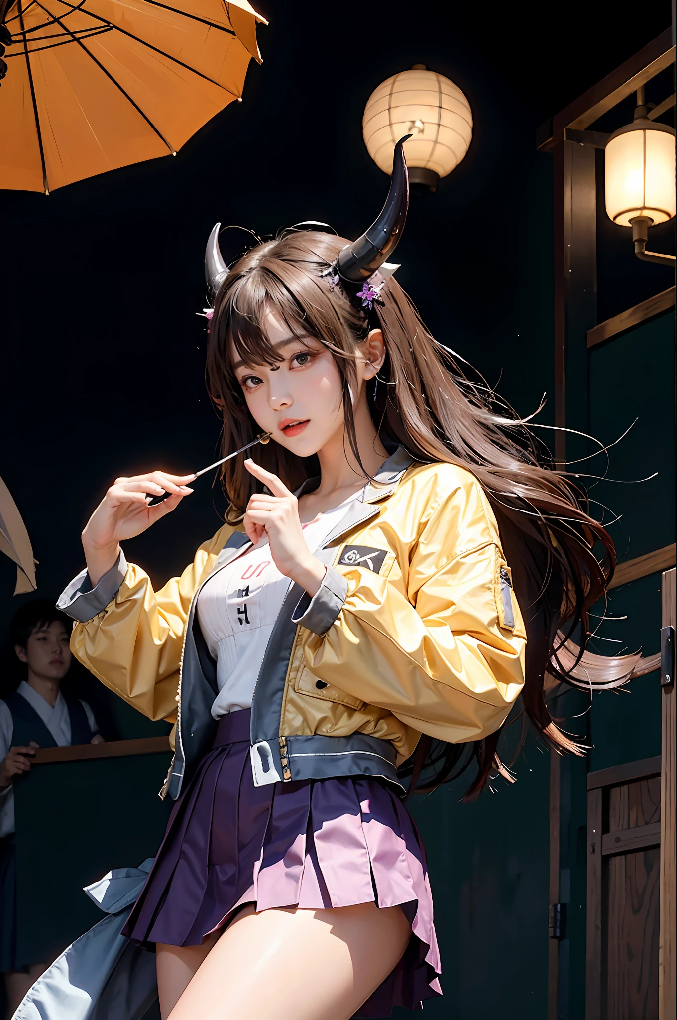 Masterpiece, best picture quality, one beautiful girl, detailed eyes, swollen eyes, brown hair, long hair, fair skin, cute, cute legs, short skirt, Japanese woman, Asian beauty, moonlight, strong eyes, professional lighting, bright lighting, double eyelids, slender, Japanese woman, Asian beauty, idol, Checked jacket, short skirt, smile, sweat, fresh, live stage, hair ornament, Japanese idol costume, purple and black based devil costume, red horn,