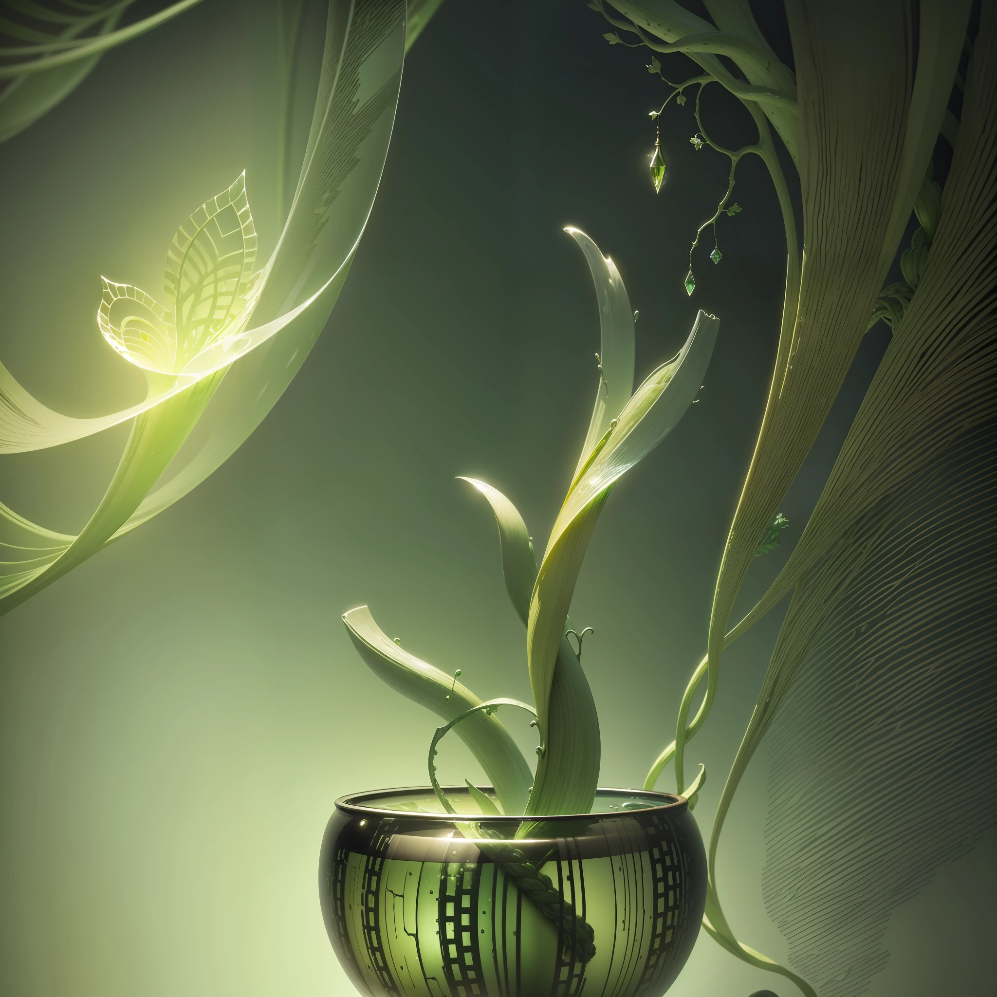 Computer Visualized Graphics, Realistic Fantasy, Extensive Landscape Ultrasound Photography (general view showing glass goblet, roots braiding the glass, sansevieria), blurred background, gloomy, yellow, green, purple background, pink, warm, magic