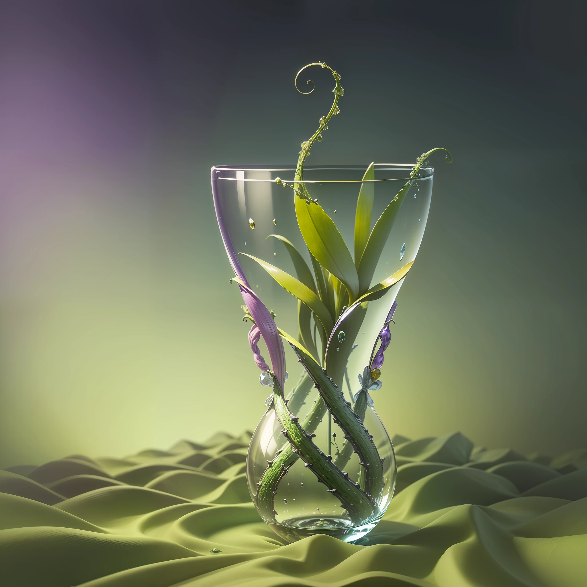 Computer Visualized Graphics, Realistic Fantasy, Extensive Landscape Ultrasound Photography (general view showing glass goblet, roots braiding the glass, sansevieria), blurred background, gloomy, yellow, green, purple background, pink, warm, magic