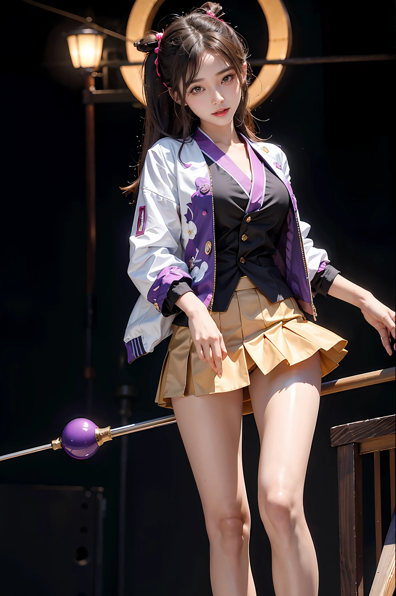 Masterpiece, best picture quality, one beautiful girl, detailed eyes, swollen eyes, brown hair, long hair, fair skin, cute, cute legs, short skirt, Japanese woman, Asian beauty, moonlight, strong eyes, professional lighting, bright lighting, double eyelids, slender, Japanese woman, Asian beauty, idol, Checked jacket, short skirt, smile, sweat, fresh, live stage, hair ornament, Japanese idol costume, purple and black based devil costume, red horn,