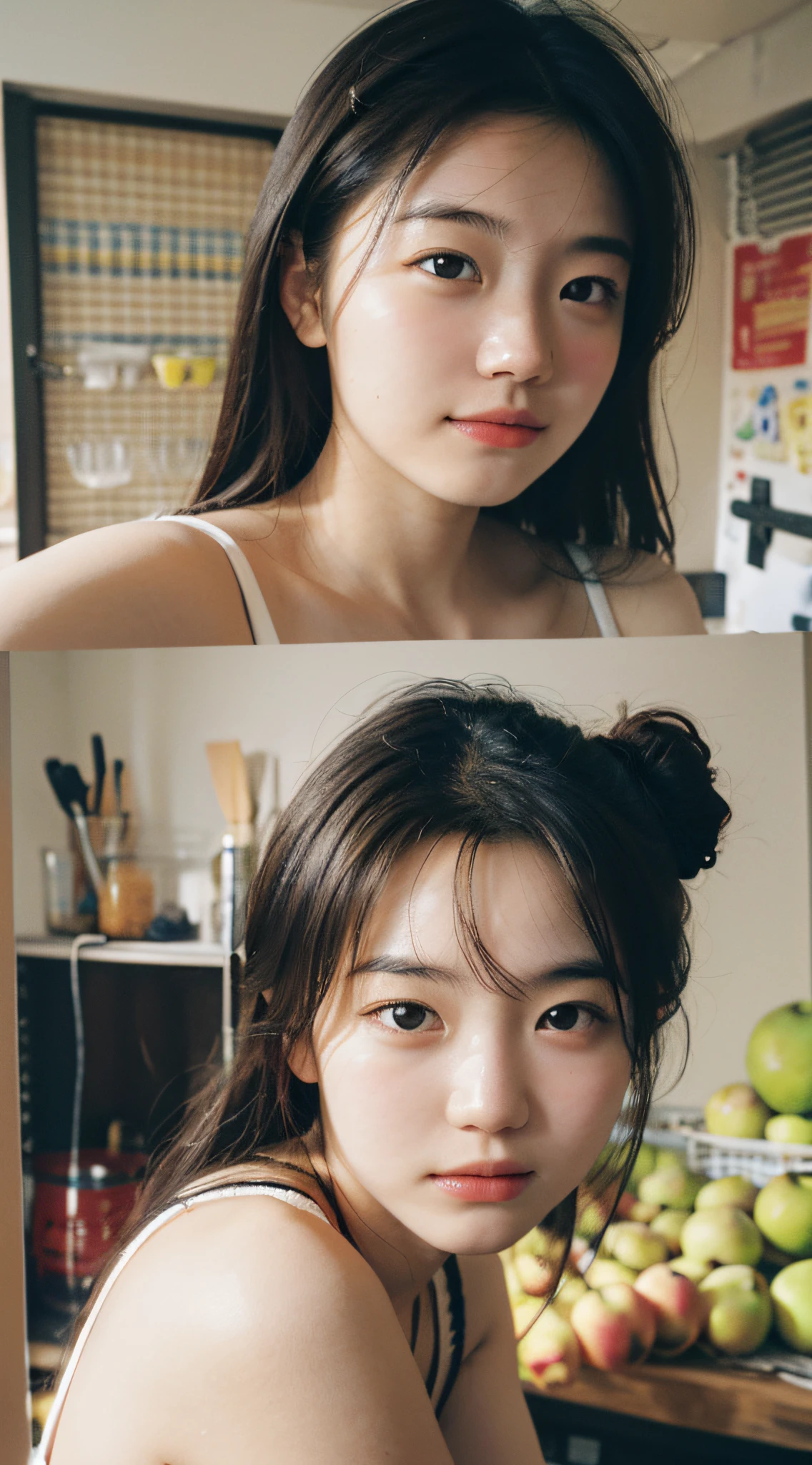 Best quality, masterpiece, super high resolution, (realistic: 1.4), original photo, wallpaper, head photo, skin, simple background, black eyes, detail, selfie, 1 girl, 18 years old, breeze, sunshine, kitchen, fruit