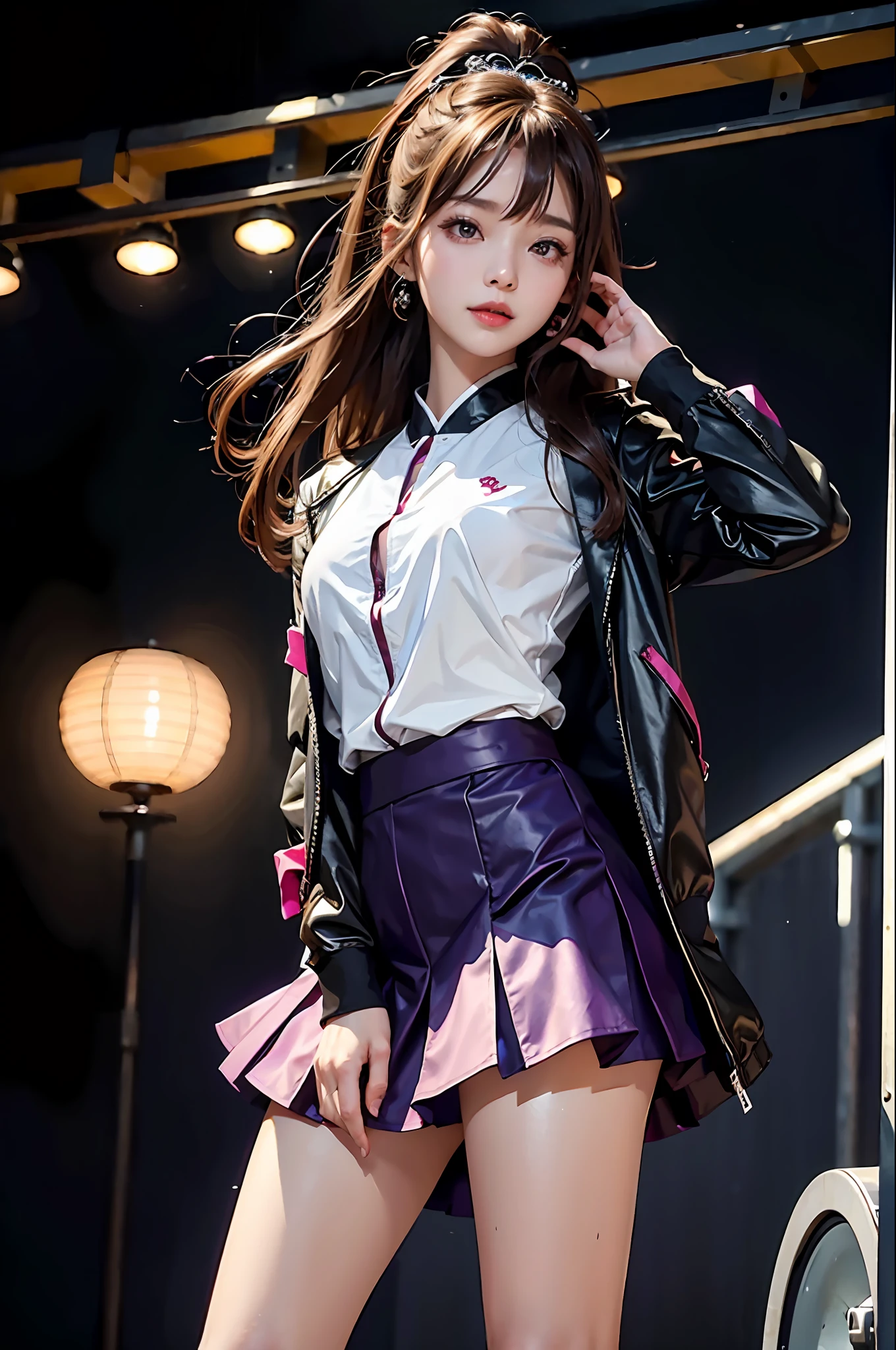 Masterpiece, best picture quality, one beautiful girl, detailed eyes, swollen eyes, brown hair, long hair, fair skin, cute, cute legs, short skirt, Japanese woman, Asian beauty, moonlight, strong eyes, professional lighting, bright lighting, double eyelids, slender, Japanese woman, Asian beauty, idol, Checked jacket, short skirt, smile, sweat, fresh, live stage, hair ornament, Japanese idol costume, purple and black based devil costume, red horn,