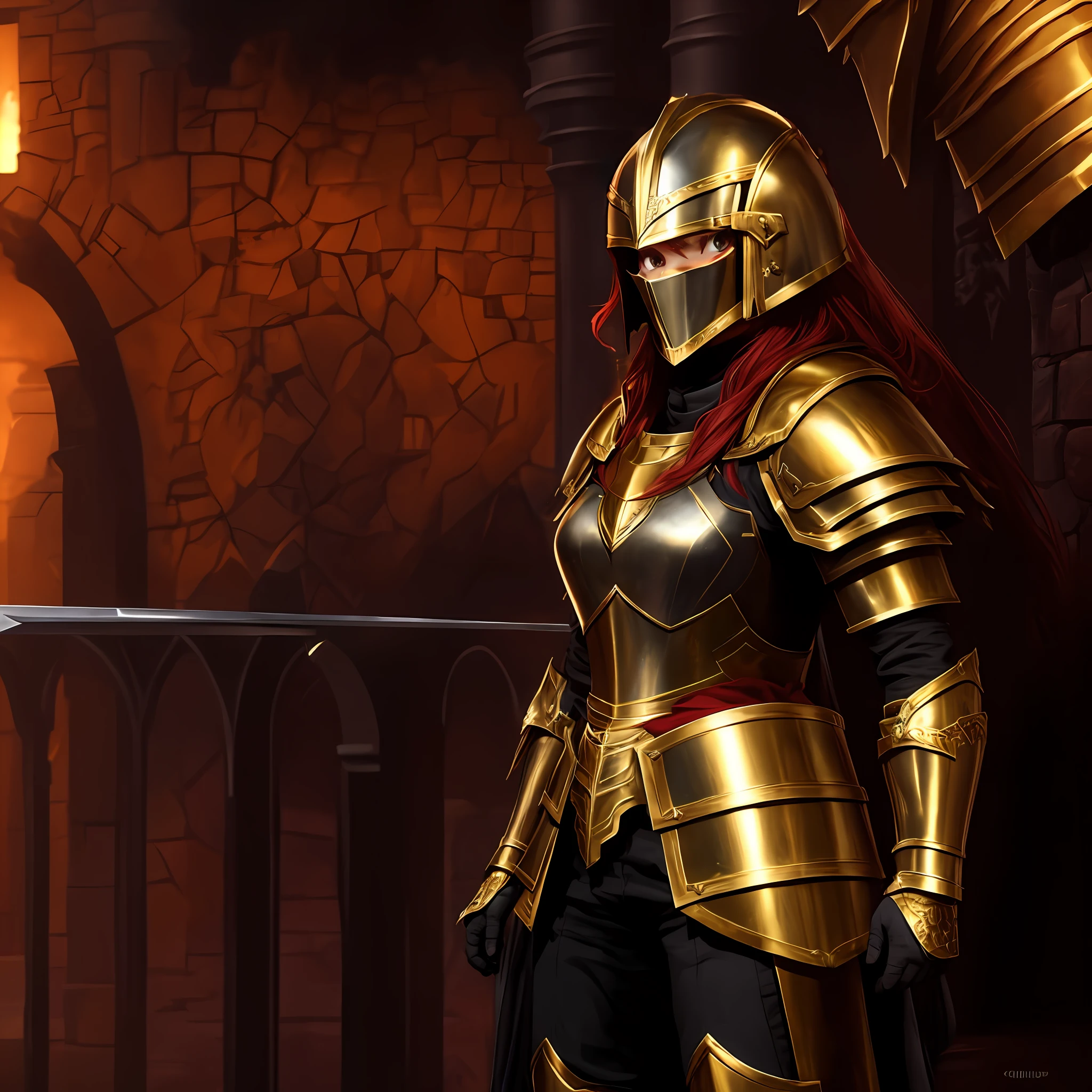 Red head wearing heavy obsidian gold knight armor, heavy obsidian gold plate armor, heavy plate obsidian gold armor, heavy paladin obsidian gold armor, girl wearing heavy plate armor helmet obsidian gold