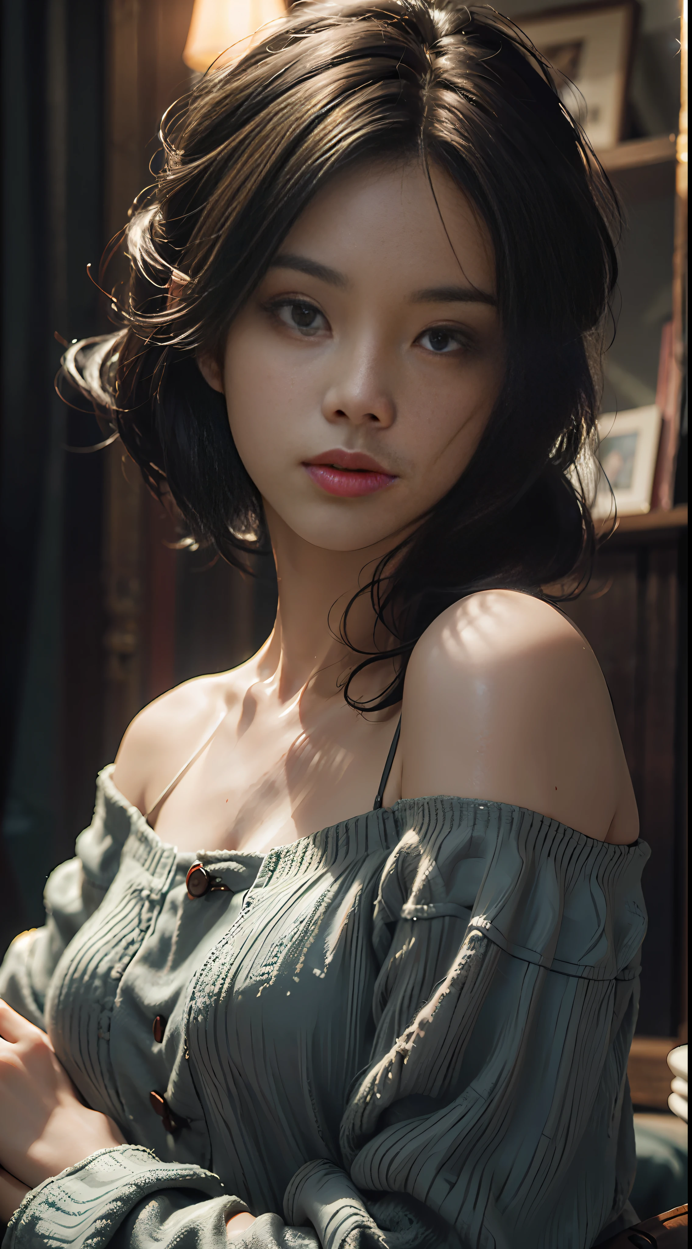 Best quality, masterpiece, ultra high res, (photorealistic:1.4), raw photo, 1girl, off shoulder, cinematic lighting