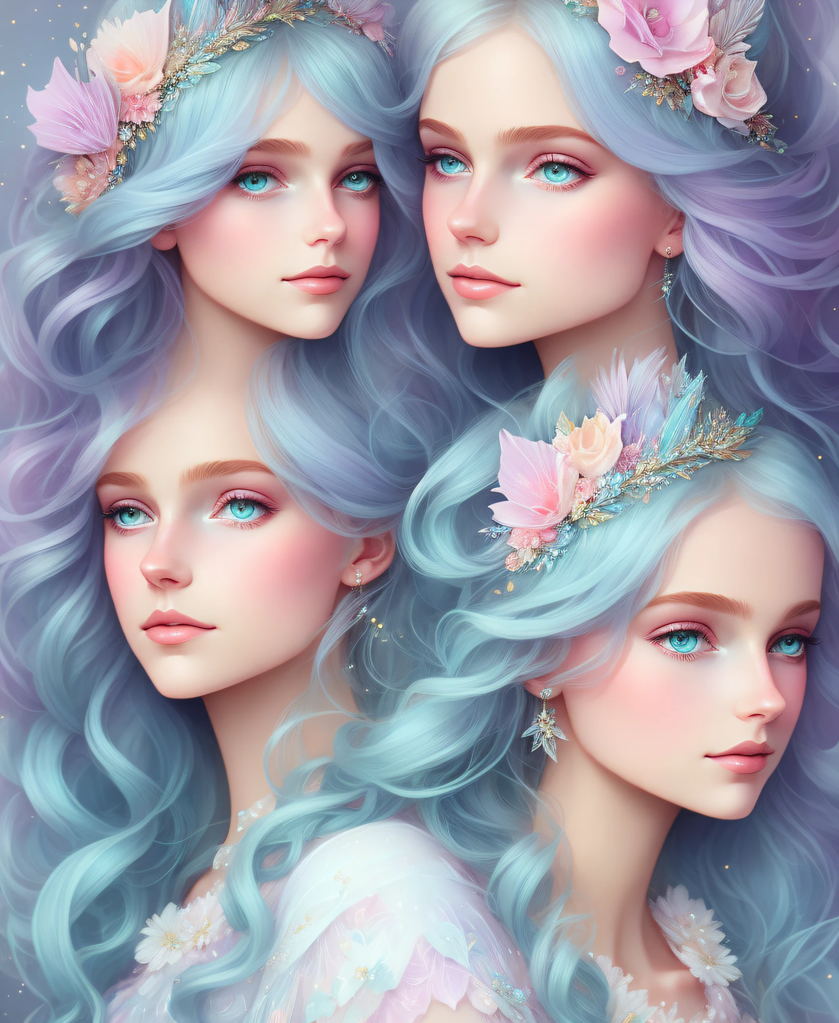 A Princess girl with wing, Blue, Pastel, glitter, dramatic, dreamy, pastel, Watercolor, Caprichoso, Delicate, crown of shells, Trends in Artstation, Highly detailed, Intricate, Portrait, digital painting, Fantasy theme, Costume robes, Conceptual fantasy art, Fantasy character art, smug, adolescent, perfect body, whole body, dreamer, pastel, watercolor, capricious, delicate, shell crown, art of loish and lois van baarle,  Trend in Artstation, highly detailed, intricate, portrait, digital painting