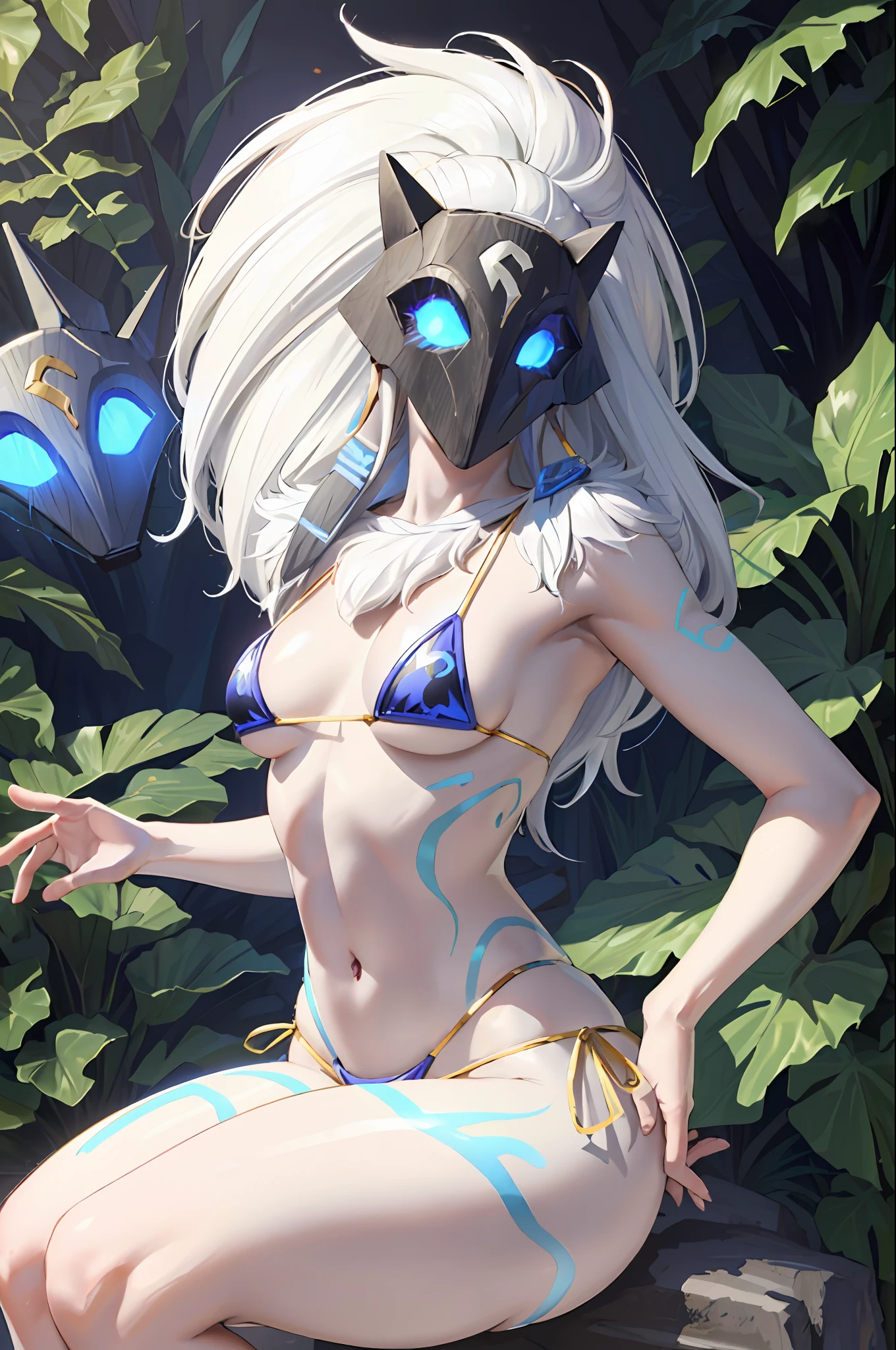 ((Cinematic light, Best quality, 8k, Masterpiece :1.3)), 1girl, Beautiful woman, (white hair, large breasts:1.3), rope panties, bra :1.2, hopefully falling, seductive open lips,1girl, standing, full body, hairy female, body hair, (white hair, white skin:1.1), chest tuft, digitigrade, white hair, long hair, black mask, (blue eyes, bright eyes:1.4),  small breasts, BREAK nature, jungle, magical forest, fantasy forest, grass, purple leaves, plants, bright flowers, rocks, day, sexy, showing off, showing armpits, ((nsfw)), ((sexual teasing)), ((((golden micro-bikini))), (((mask covering part of the face))), ((thin waist)), skinny, ((( mask dripping milk))),