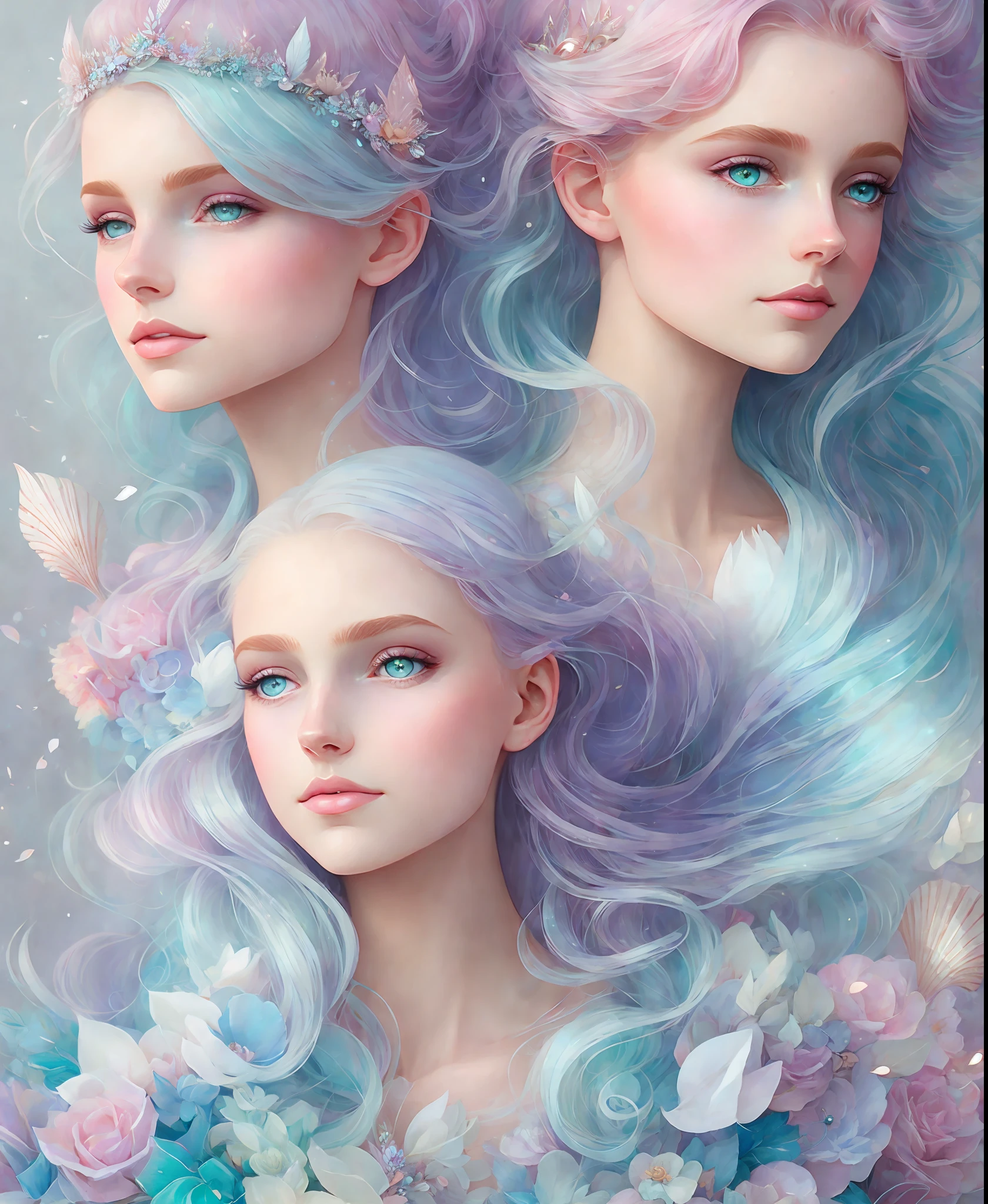 A Princess girl with wing, Blue, Pastel, glitter, dramatic, dreamy, pastel, Watercolor, Caprichoso, Delicate, crown of shells, Trends in Artstation, Highly detailed, Intricate, Portrait, digital painting, Fantasy theme, Costume robes, Conceptual fantasy art, Fantasy character art, smug, adolescent, perfect body, whole body, dreamer, pastel, watercolor, capricious, delicate, shell crown, art of loish and lois van baarle,  Trend in Artstation, highly detailed, intricate, portrait, digital painting