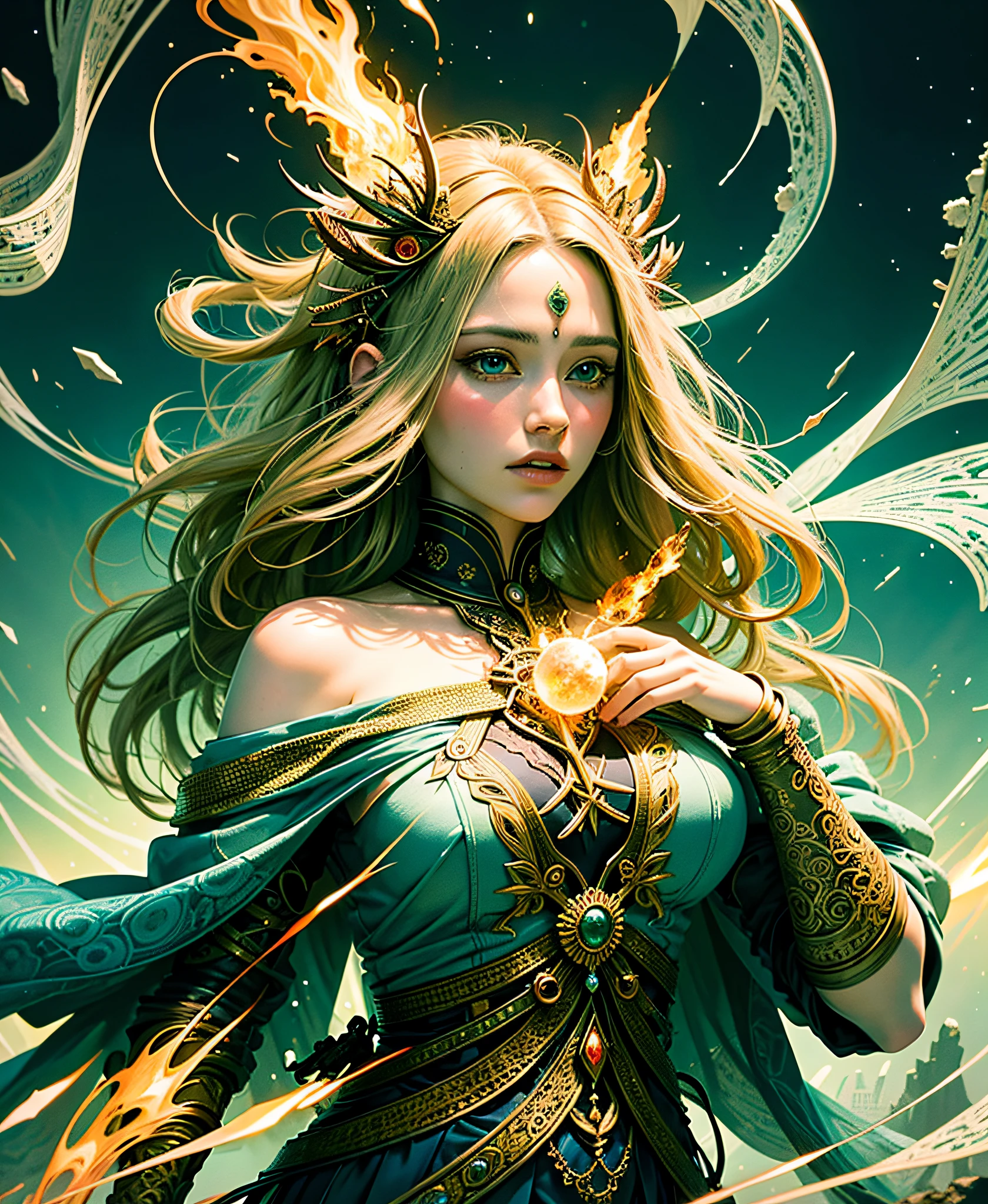 Official Art, A Beautiful Woman, Release a green flame, Long hair, A deep look in the eyes, cracked lightning, Fluid Simulation, Unified 8k wallpapers, super detailed, beautiful and aesthetic, high quality, beautiful, masterpiece, best quality, (zentangle, mandala, tangled, entangled: 0.6)