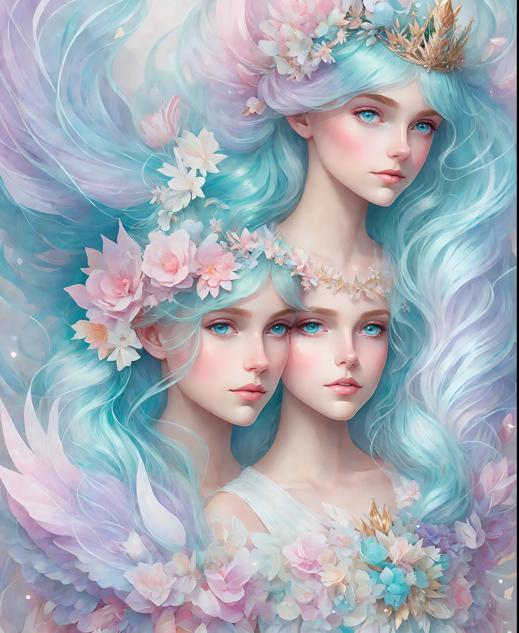 A Princess girl with wing, Blue, Pastel, glitter, dramatic, dreamy, pastel, Watercolor, Caprichoso, Delicate, crown of shells, Trends in Artstation, Highly detailed, Intricate, Portrait, digital painting, Fantasy theme, Costume robes, Conceptual fantasy art, Fantasy character art, smug, adolescent, perfect body, whole body, dreamer, pastel, watercolor, capricious, delicate, shell crown, art of loish and lois van baarle,  Trend in Artstation, highly detailed, intricate, portrait, digital painting