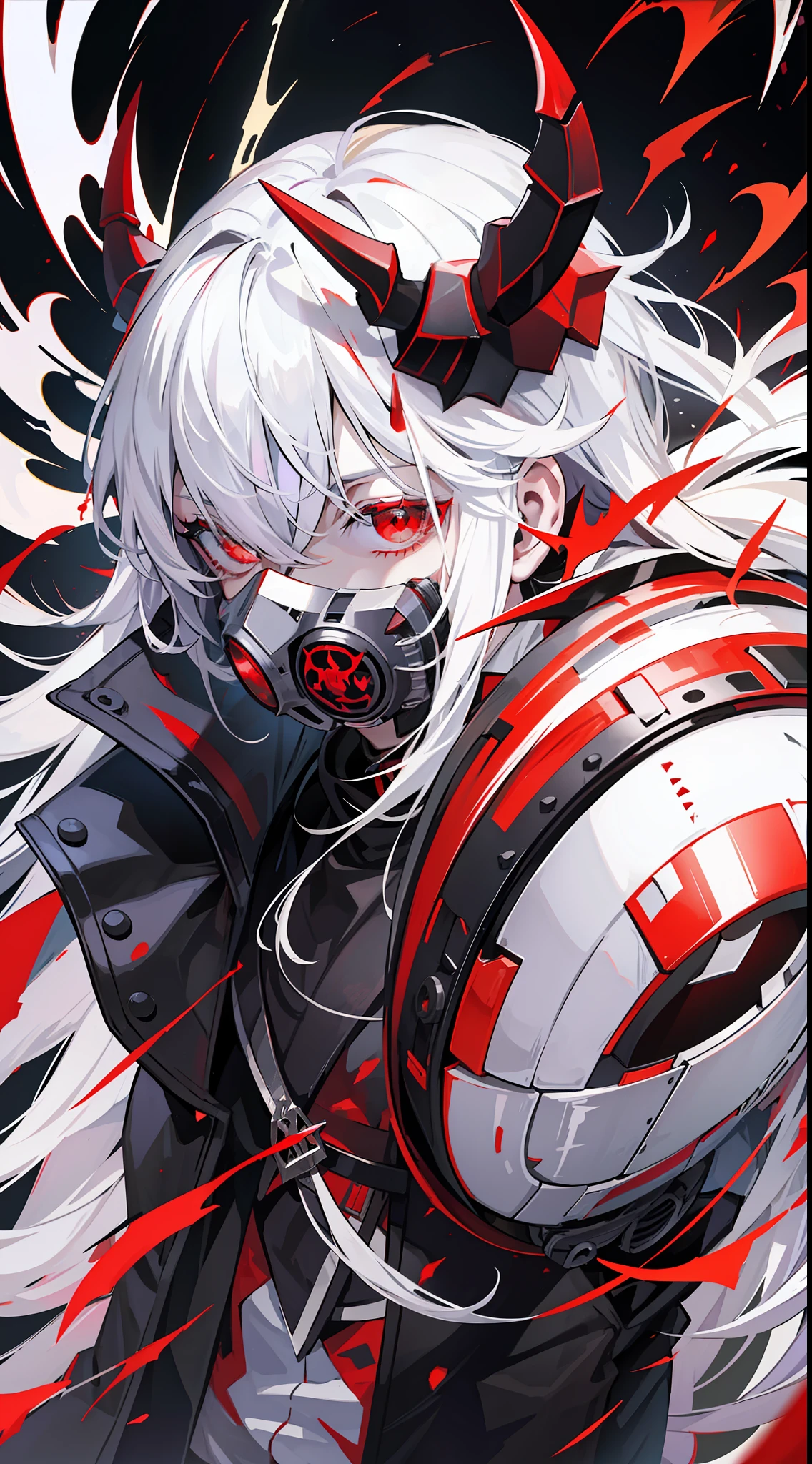 White hair, red eyes, demon horns, maiden boy, white hood, black respirator, sakaz, demon tail, broken demon horn, ark of tomorrow