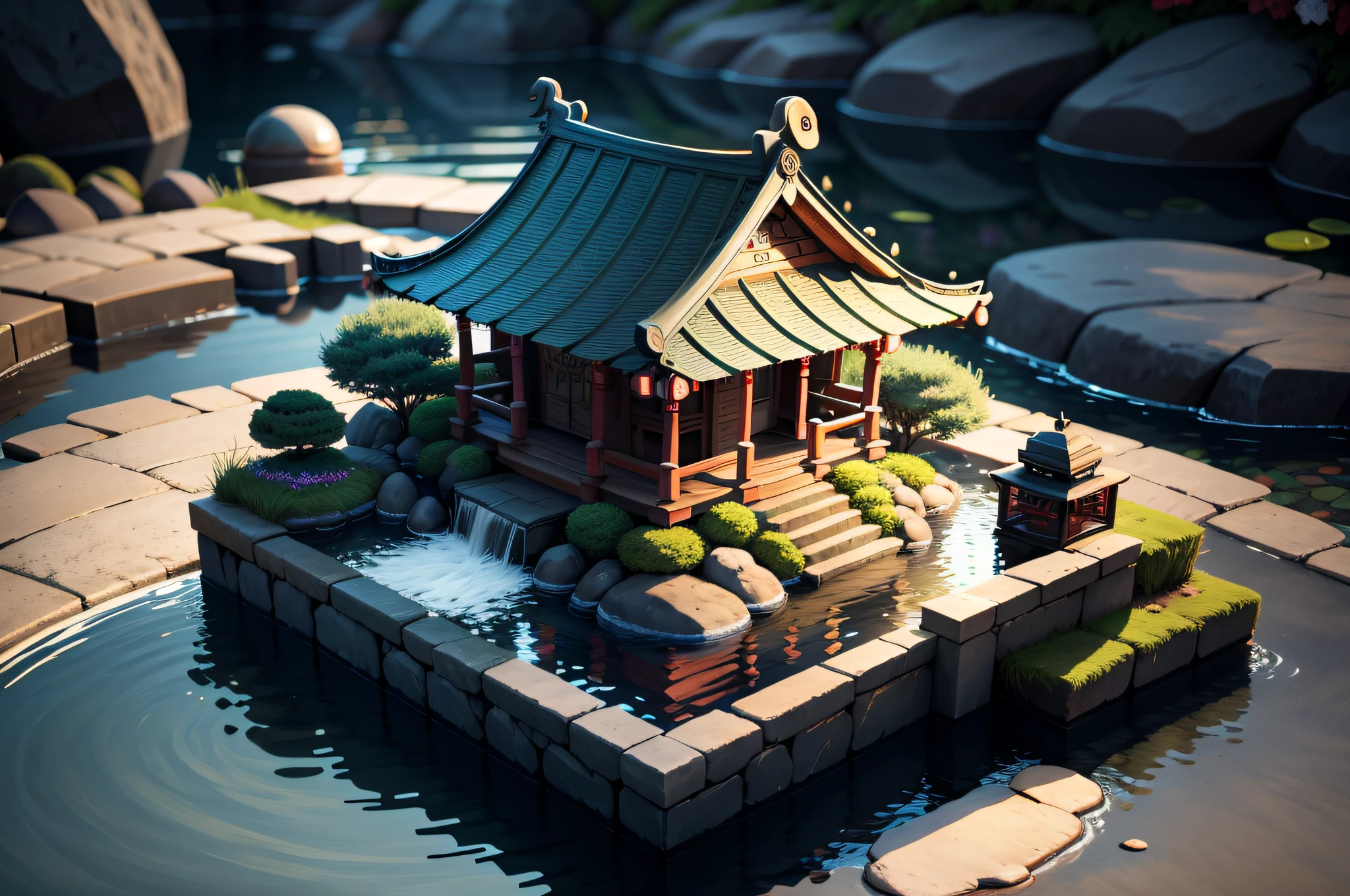 [(Simple Background: 1.5), ::5], (Isometric 3D Art of Floating Shrine), Cobblestone, Stone Path, Small Waterfall on Hill, Intricate Details, Ultra Realistic, Iriddic BREAK
Masterpiece, top quality, high resolution, ultra detailed, very clear, absurd, detailed lighting
