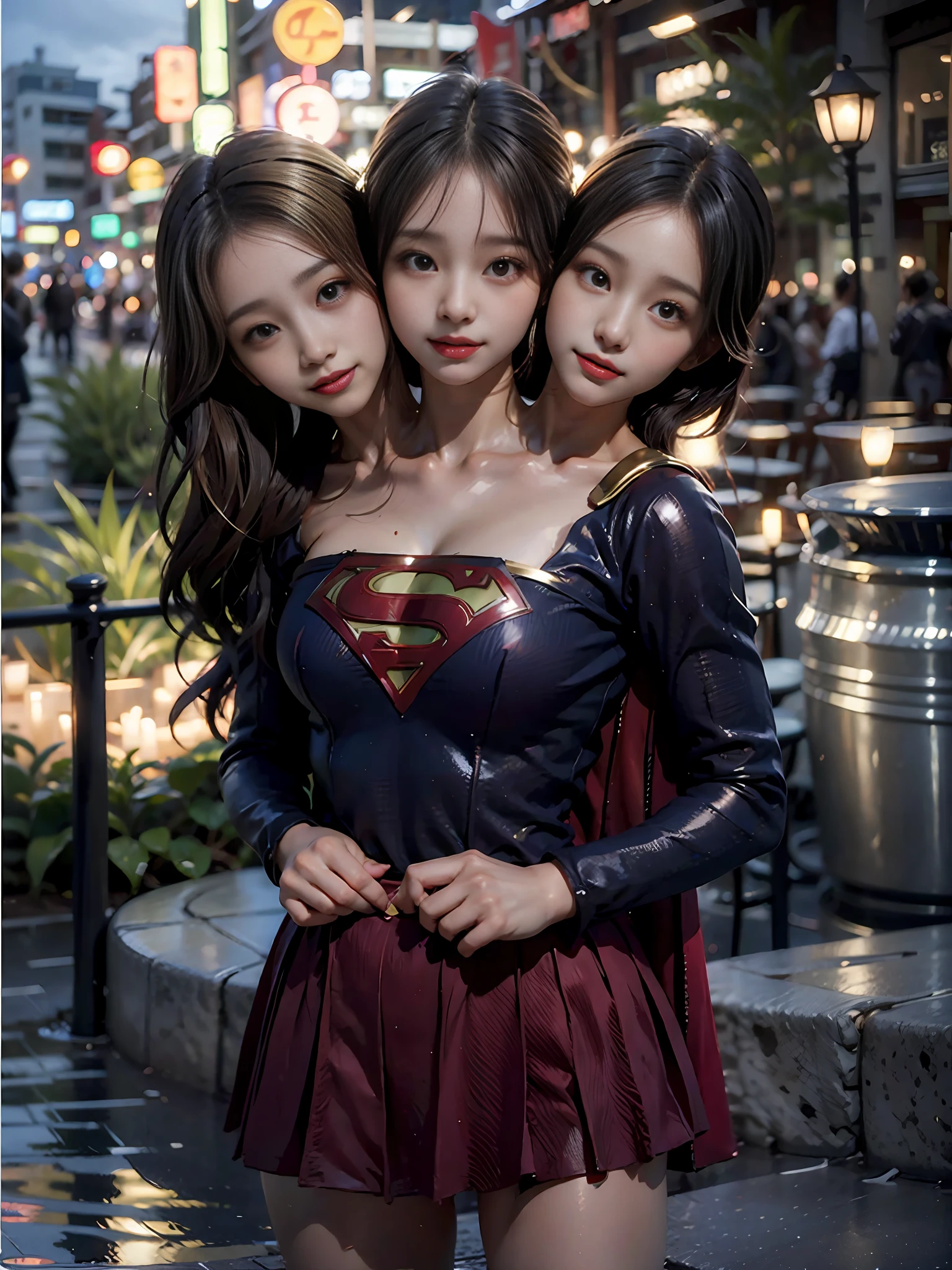 best resolution, halfbody shot, (3heads:1.5), 1 blonde koreangirl with three heads, supergirl costume, city background