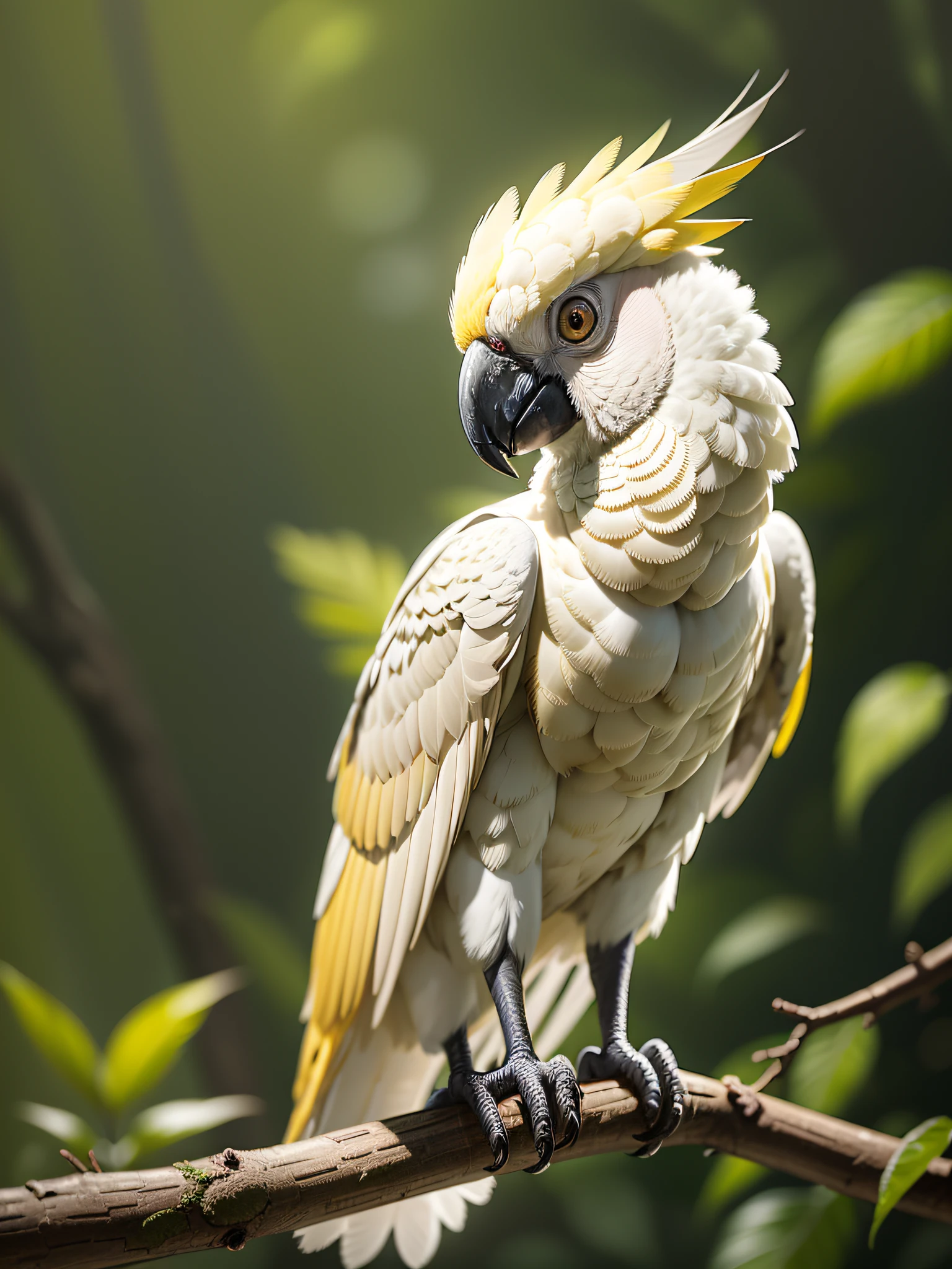 Photo of a yellow-crested cockatoo found in the forests of the Amazon, realistic, detailed photo, perched on a branch, totally blurred background, 800mm lens, bokeh, close-up --auto --s2