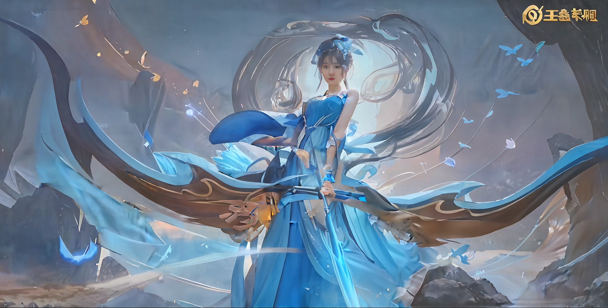 A woman in a blue dress with a blue and white bow and arrow in her hand seeks inspiration from Lan Ying and Huashan. The main features of beautiful celestial mages, water witches, and splash art with an emphasis on ultra-high quality and volumetric lighting. At the same time, water system mages and masterpiece elements are added to show the beauty of the scenery of Mount Hua. A girl, delicate face, 8k, intricate details,