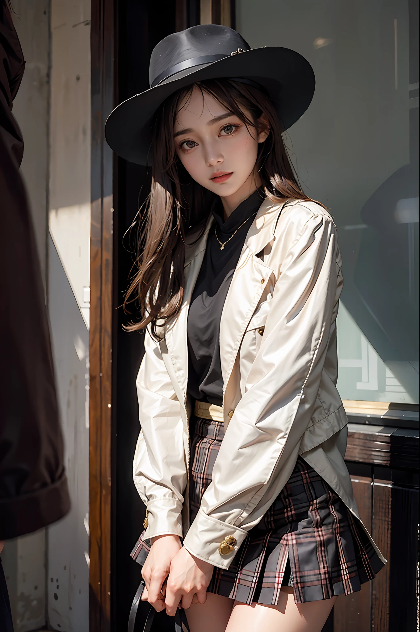 Masterpiece, best picture quality, one beautiful girl, detailed eyes, swollen eyes, brown hair, long hair, fair skin, cute, cute legs, short skirt, Japanese woman, Asian beauty, moonlight, strong eyes, professional lighting, bright lighting, double eyelids, slender, Japanese woman, Asian beauty, idol, checked jacket, short skirt, smile, sweat, fresh, detective, Sherlock Holmes costume, checked costume, hat,