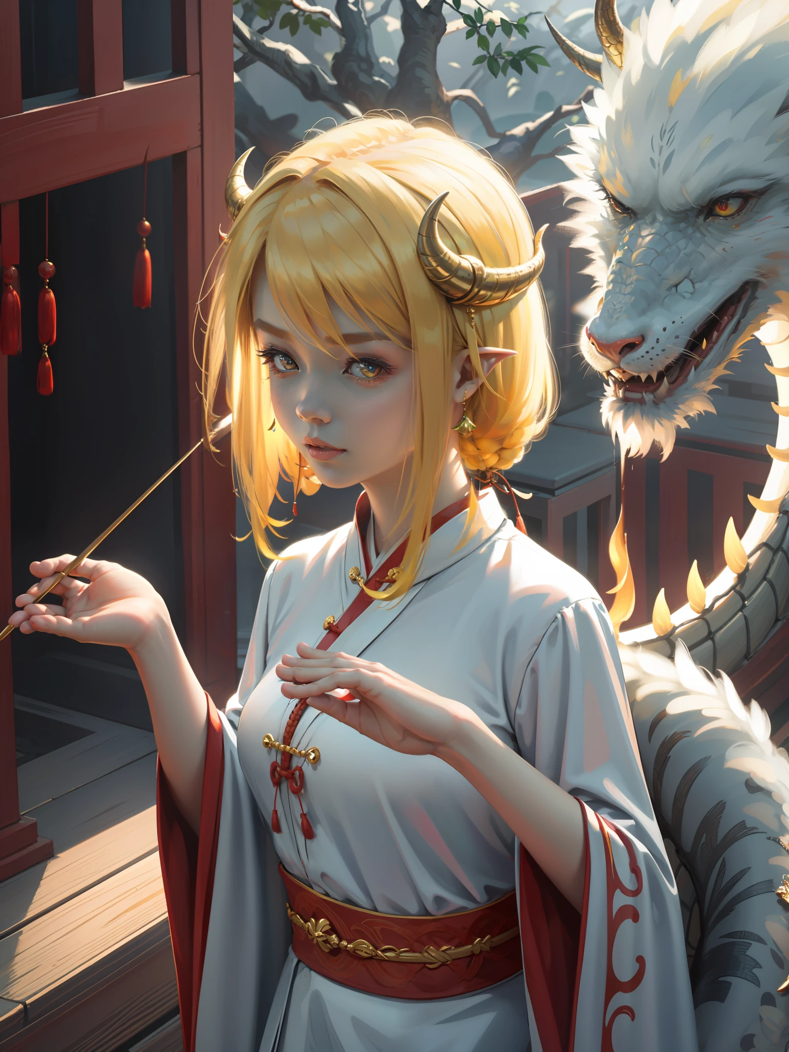 Ultra-clear, fine, a Chinese dragon surrounds the girl, the girl crosses her hands to cast spells, the girl has dragon horns and golden hair ornaments on her head, Hanfu, natural light