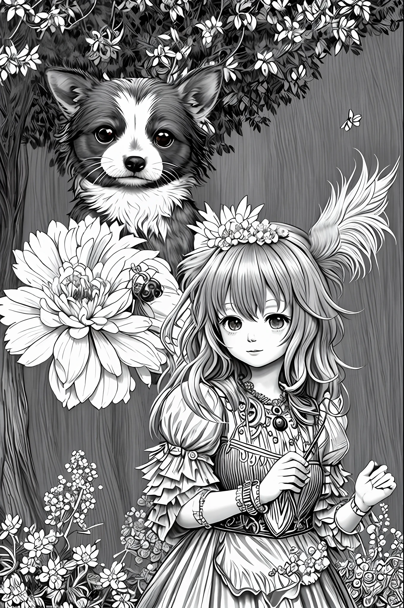 (hight definition, 8k) Coloring book style, black and white, cute and fluffy chihuahua dog in garden with trees and flowers, Disney style, Pixar style, monochrome