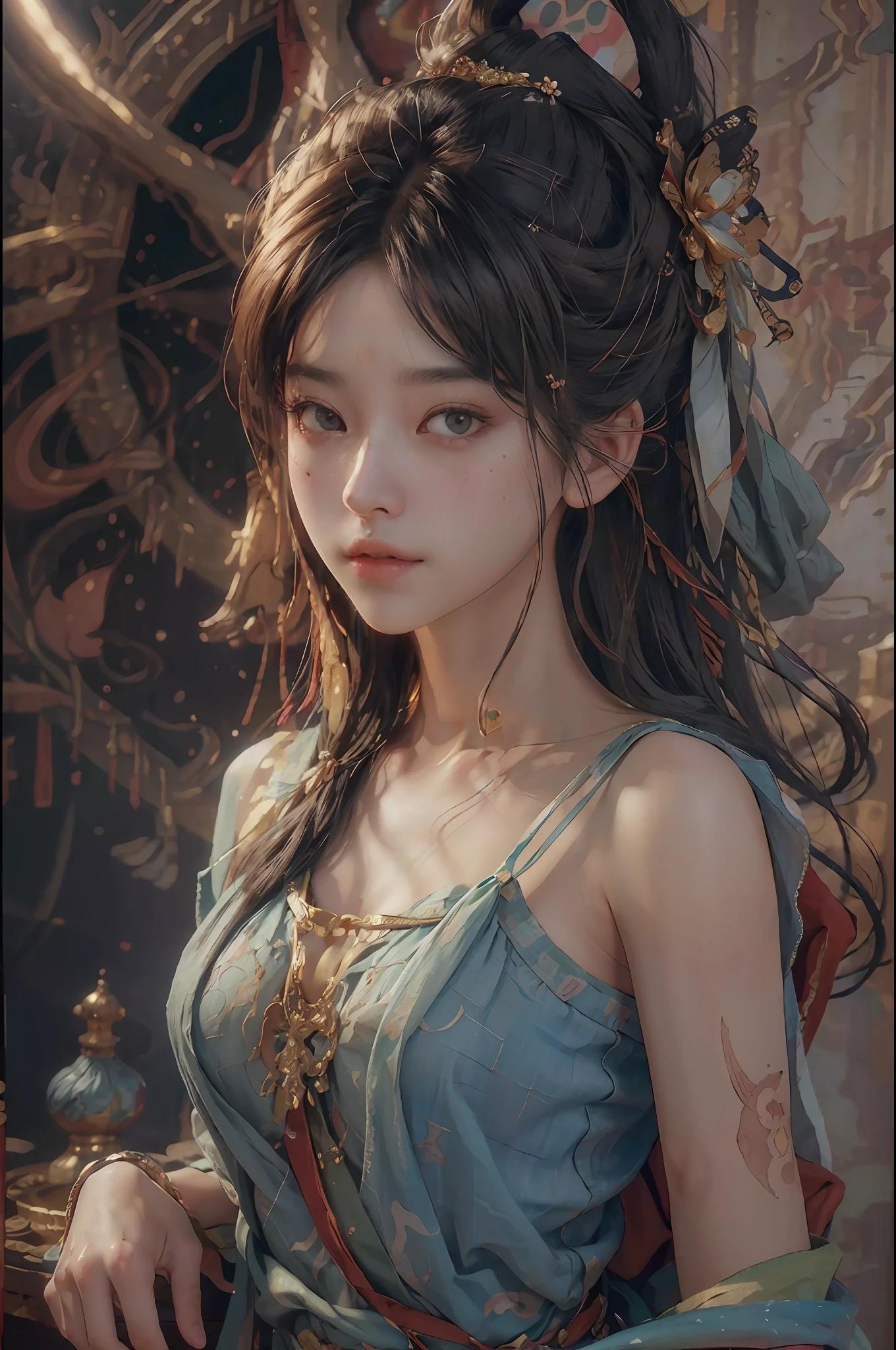 (RAW photo, best quality), (realistic, photo-realistic:1.3),best quality,highly detailed,masterpiece,ultra-detailed,illustration,1girl,upper_body,dynamic angle,world masterpiece theater,messy_long_hair,best quality,extremely detailed CG unity 8k wallpaper,ink,Amazing,cinematic lighting,lens_flare, dunhuang_style