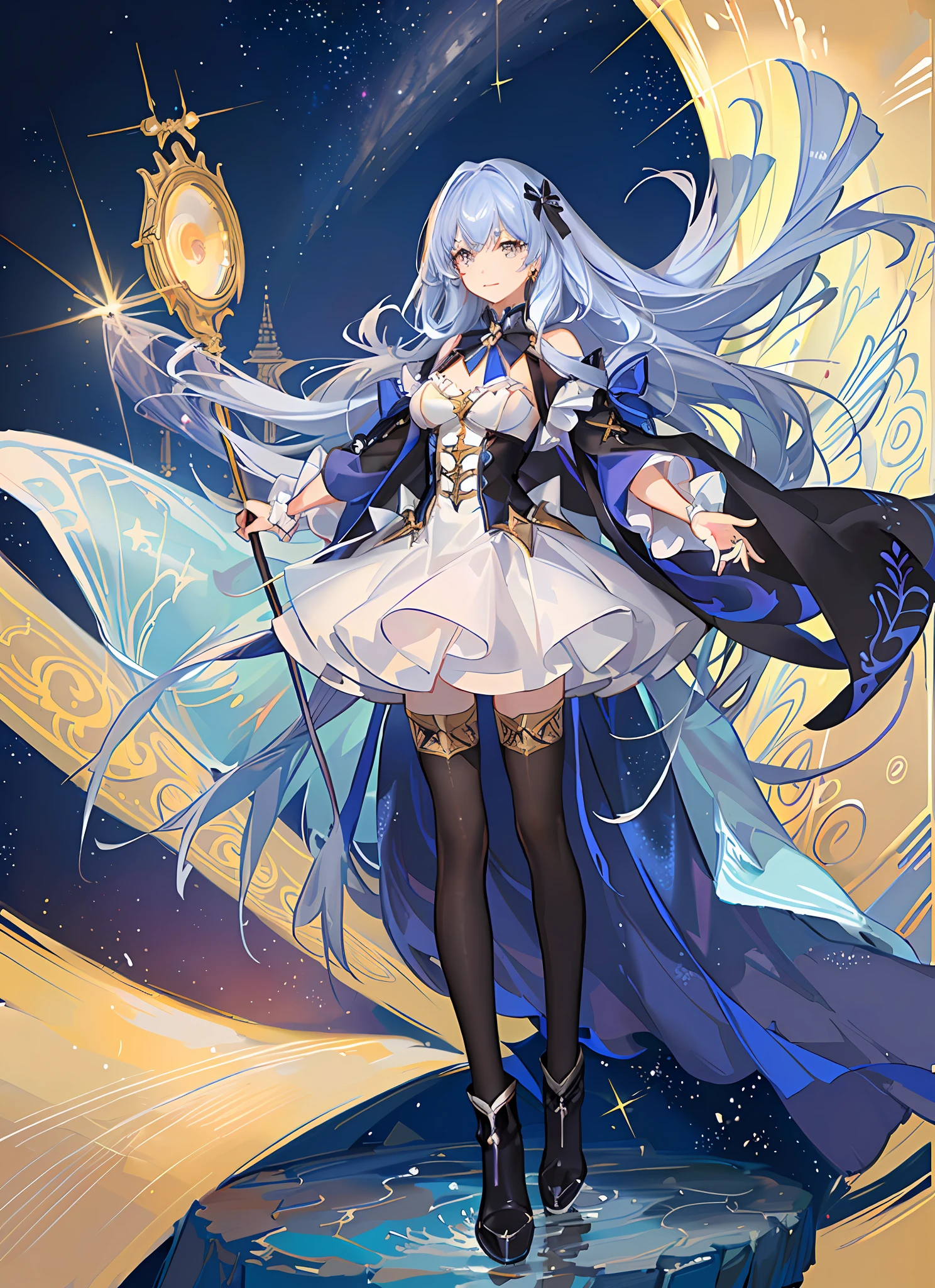 (Magical Girl)), ((Gorgeous Starry Background)), ((Ultra Detailed)), ((Best Illustration)), ((Movie Lighting)), Dynamic Angle, Floating, Fine, (Flash: 1.2), (Shine: 1.2), (Shine: 1.2), Classic, (Drawing: 1.1), (Sketch: 1.1), (Best Quality), (Illustration: 1.2), (Anime Style), (Solo), Beautiful Detailed Face, (Cute Face: 1.3), (Big Eyes)), Colored hair, (long hair: 1.2), (flowing hair: 1.2), (magical girl costume), detail, (sparkling wand: 1.3), (magic effect: 1.3), (flowing dress: 1.2), (cute boots: 1.1), (transparent fabric: 1.1), (flickering: 1.2), (glow: 1.2), (sparkle: 1.2), (sparkle: 1.2), (sparkle: 1.2), (shimmer: 1.2)