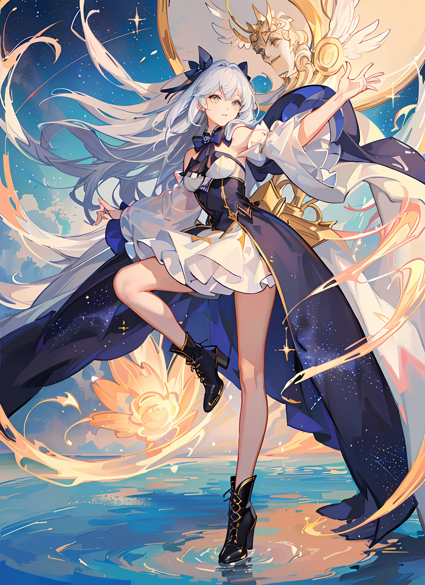 (Magical Girl)), ((Gorgeous Starry Background)), ((Ultra Detailed)), ((Best Illustration)), ((Movie Lighting)), Dynamic Angle, Floating, Fine, (Flash: 1.2), (Shine: 1.2), (Shine: 1.2), Classic, (Drawing: 1.1), (Sketch: 1.1), (Best Quality), (Illustration: 1.2), (Anime Style), (Solo), Beautiful Detailed Face, (Cute Face: 1.3), (Big Eyes)), Colored hair, (long hair: 1.2), (flowing hair: 1.2), (magical girl costume), detail, (sparkling wand: 1.3), (magic effect: 1.3), (flowing dress: 1.2), (cute boots: 1.1), (transparent fabric: 1.1), (flickering: 1.2), (glow: 1.2), (sparkle: 1.2), (sparkle: 1.2), (sparkle: 1.2), (shimmer: 1.2)