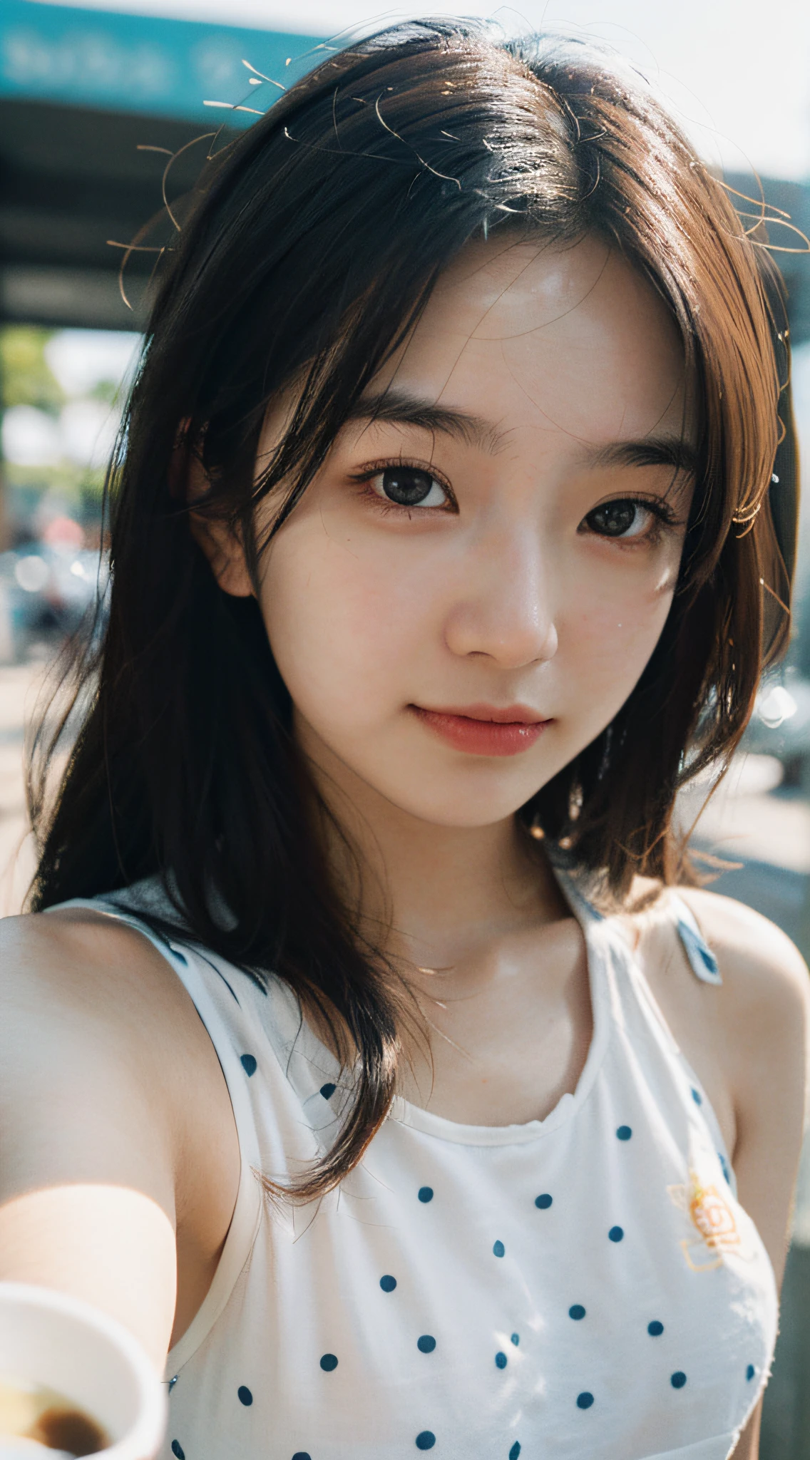 Best Quality, Masterpiece, Ultra High Resolution, (Realistic: 1.4), Original Photo, Wallpaper, Head Photo, Skin, Simple Background, Black Eyes, Detail, Selfie, 1 Girl, 18 Years Old, Breeze, Sunshine, Milk Tea,