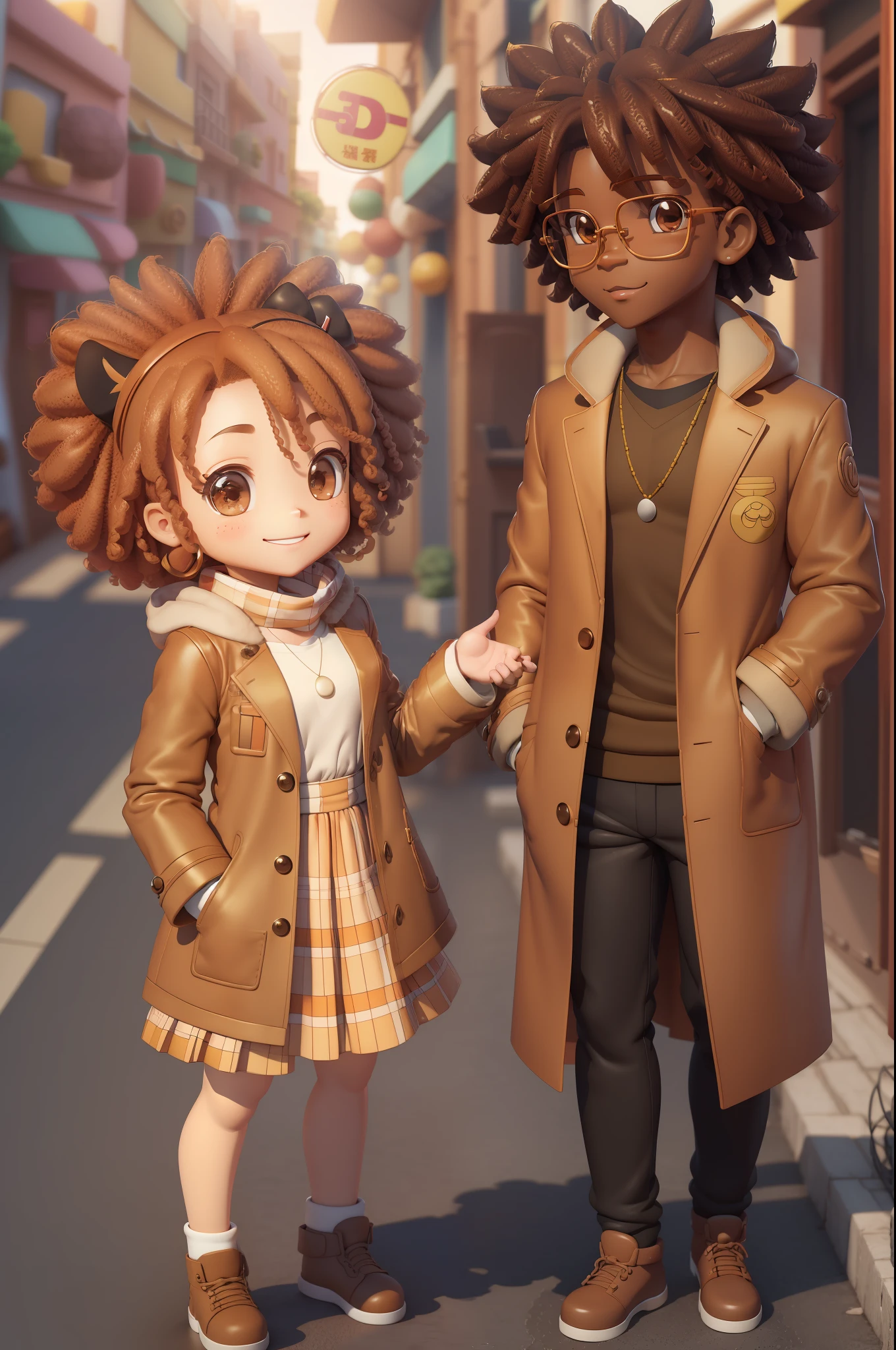 Chibi a pair of funny cartoon characters next to each other in (((3D))), cute smile, detailed affections, highly photographic rendering, chibi, traditional boy-girl afro romance, light brown coat, it's the beginning of all, young handsome, in 3d, ghailan! --auto --s2