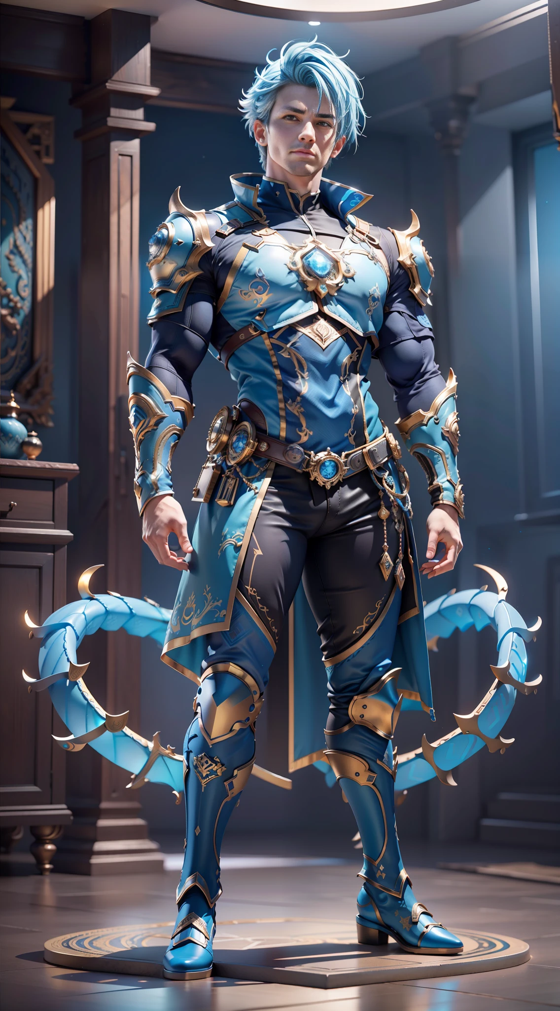 Broken [blue: white: 0.5] theme, ((gradient background: 1.1))),panorama, full body, best quality, masterpiece, super high resolution, (realism:1.4), absurdity, cinema lights, a strong man, (((muscle lines))), strong, (((human head))), delicate human face, (anatomically correct), ((glowing light)), short blue hair, blue eyes, (dragon pattern clothing decoration), ((blue shoes)), surrealism, steampunk, Intricate design, extreme detail, fine detail, HDR (High Dynamic Range), Ancient Technology, HDR (High Dynamic Range), Ray Tracing, NVIDIA RTX, Super Resolution, Unreal 5, Subsurface Scattering, PBR Textures, Post-processing, Anisotropic Filtering, Depth of Field, Maximum Clarity and Acutance, Multi-layer Textures, Albedo and Highlight Maps, Surface Shading, Accurate Simulation of Light-Material Interactions, Perfect Ratios, Octane Rendering, Two-tone Lighting, Low ISO, White Balance, Rule of Thirds, wide aperture, 8K RAW, high efficiency sub-pixel, subpixel convolution, luminescent particles, light scattering