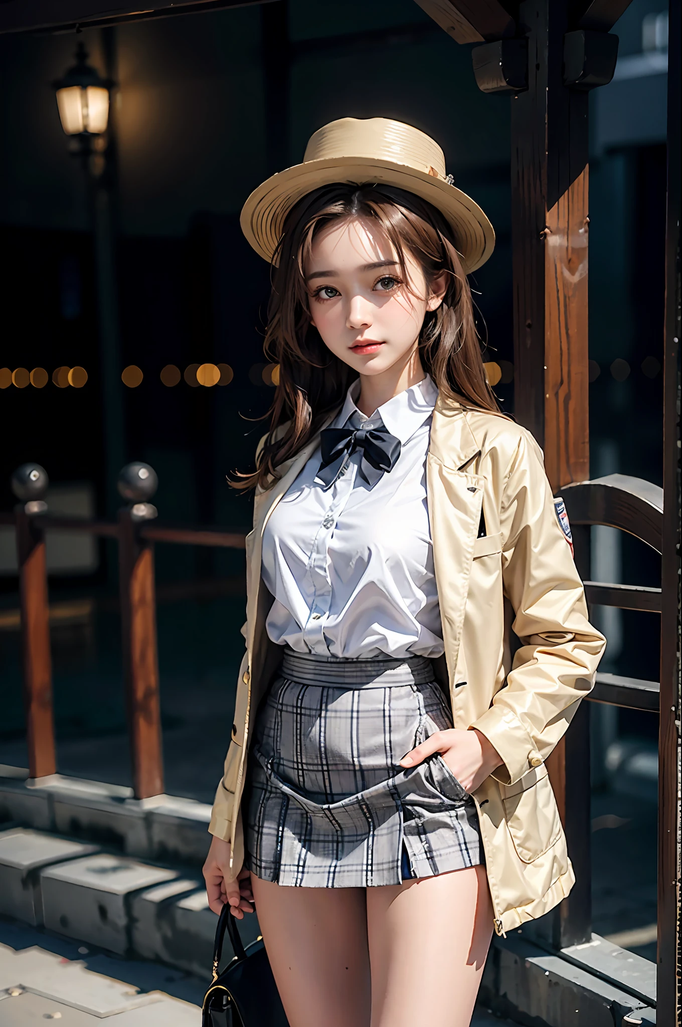 Masterpiece, best picture quality, one beautiful girl, detailed eyes, swollen eyes, brown hair, long hair, fair skin, cute, cute legs, short skirt, Japanese woman, Asian beauty, moonlight, strong eyes, professional lighting, bright lighting, double eyelids, slender, Japanese woman, Asian beauty, idol, checked jacket, short skirt, smile, sweat, fresh, detective, Sherlock Holmes costume, checked costume, hat,