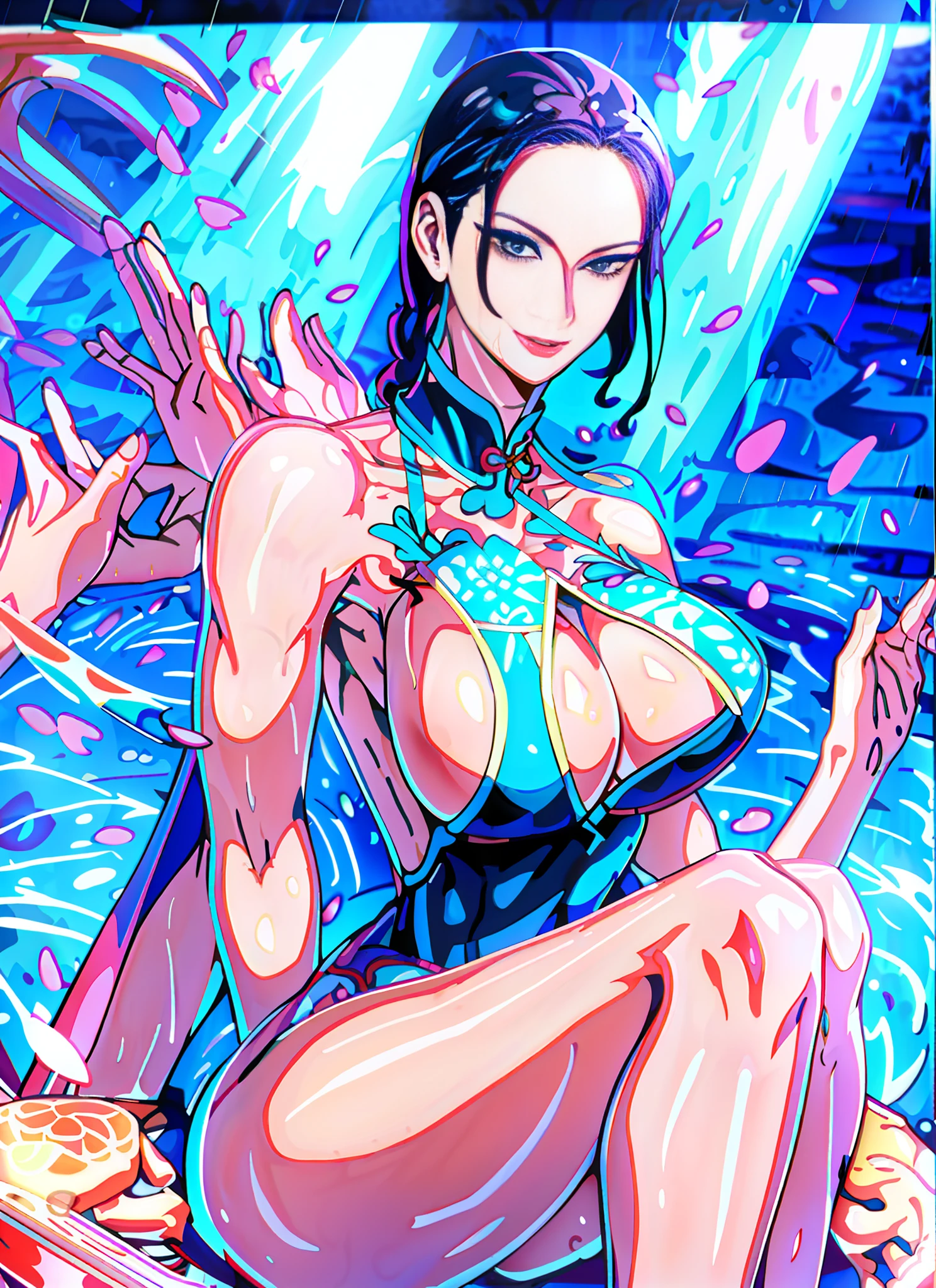 A thin waist with abs。 Perfectly symmetrical body. (???? Eyes) (Seductive Eyes) Detailed Cyberpunk Background: 1.1) Underground Street Style Background, (Clothes Wet with Water) (Completely Clear Plastic Top) (Suspension Stockings, Collateral Stockings, Highlighter Stockings) Fleshy Thighs Tightened by High-gloss Strap Stockings, Huge Sagging ???????. (open neckline, transparent high-forked low-neckline cheongsam, revealing a high-gloss X-shaped bra under transparent tulle), outermost transparent gauze on body, painting, (best quality, 4k, Masterpiece: 1.9), Beautiful Woman, Surreal, 1 Girl, ((Facing the viewer, hand caressing her own ?????)), (Huge soft ???????, charming body: 1.8), Sit-ups: 1.6, Brunette : 1.8, (Wet Rain, Rain Wet: 1.7), Ultra-detailed face, detailed lips, detailed eyes, double eyelids, ???? low-necked dress, open neckline, hanging ???????, side pose, visible curves, transparent clothes, muscle-turning legs. Transparent tulle high-forked cheongsam, The cheongsam has intricate embroidery patterns, Transparent cheongsam, The cheongsam has a heart-shaped opening on the ????? that exposes the cleavage。 cross-legged, Seated position, Top-down view, Look down from above, fisheye lens。 (????:1.7),Oily body, Moist body, Fluid-rich body，ray tracing, cinematic lighting, Eye-Level Shot, f/1.8, anatomically correct, textured skin, super detail。