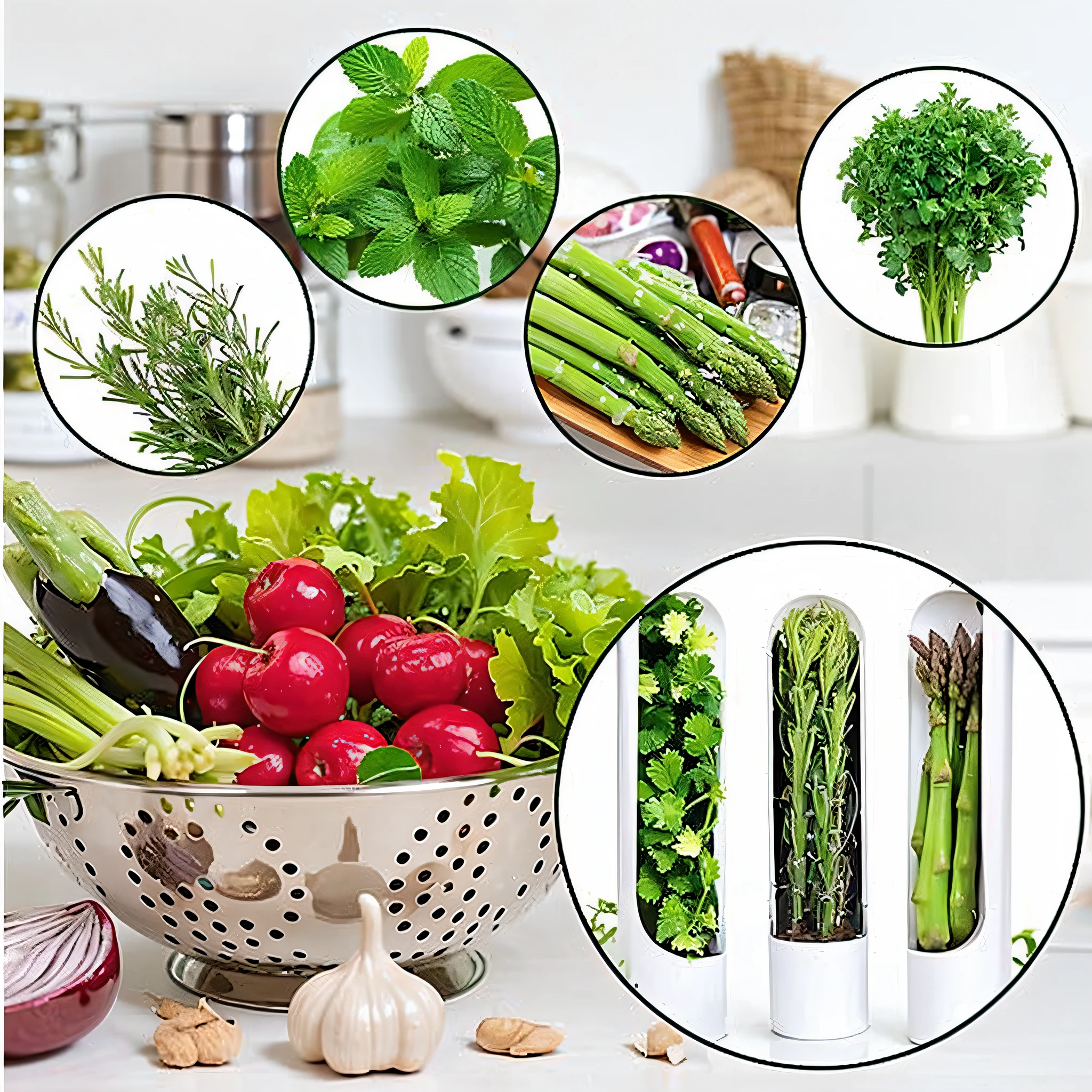 Alafed image of bowl of vegetables and herbs, food pellets, hydroponic farm, vertical vegetable garden, green), visual clarity, vegetable leaves, organic and robotic, vegetables, vegetables, plants in a glass tube forest, product introduction photos, vibrant greenery, description, lush green, screensaver, professional product photos, elegant high quality, foreground background (inside the four circles are parsley, coriander, mint, asparagus and other greenery) --auto --s2