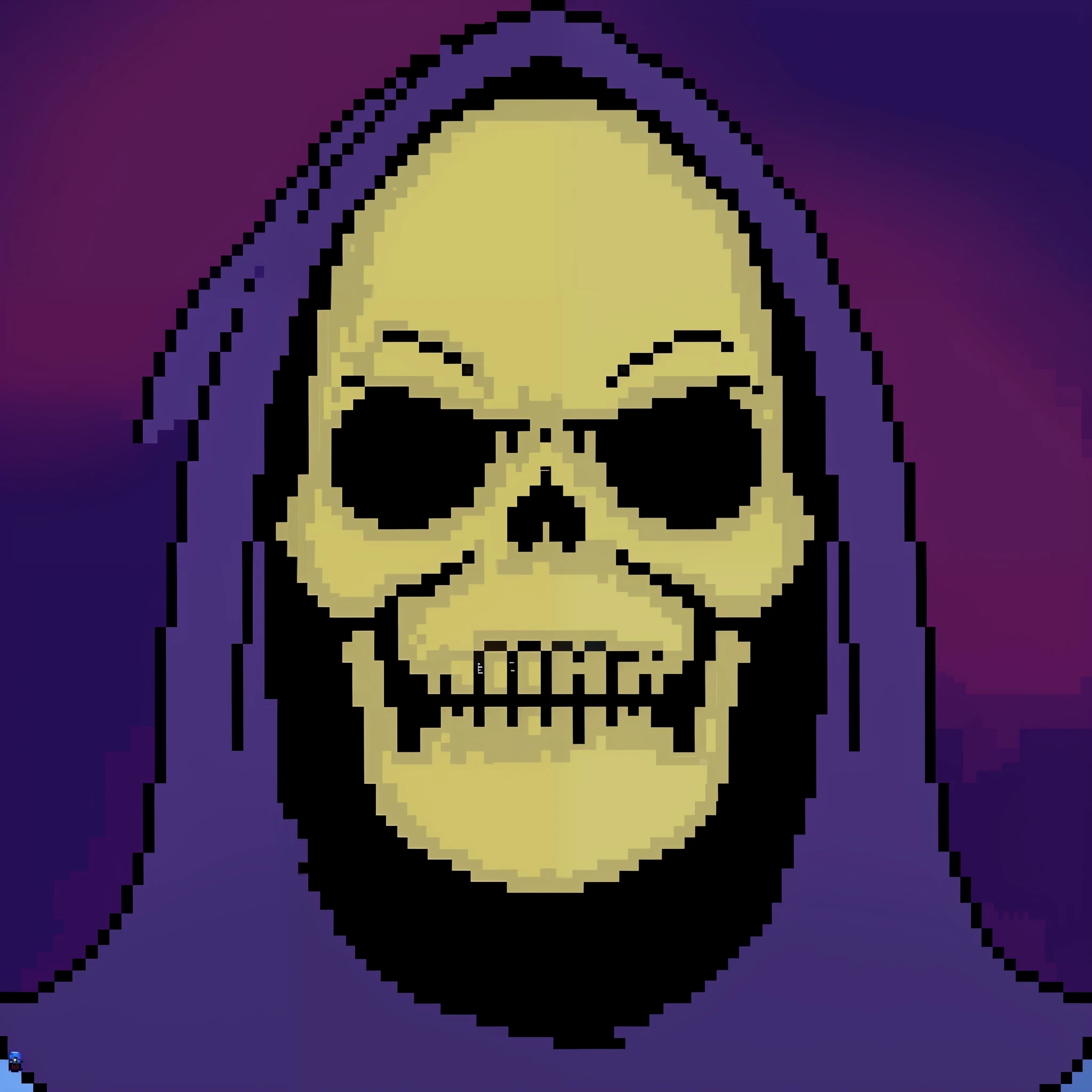 a pixel skull with a hood and a hoodie, skeletor, portrait of skeletor, portrait of a hipster skeletor, portrait of a astronaut skeletor, portrait painting of skeletor, undertale, reaper, death himself, grim expression, hooded skull, /r/pixelart, evil death, he-man with a dark manner, death skull