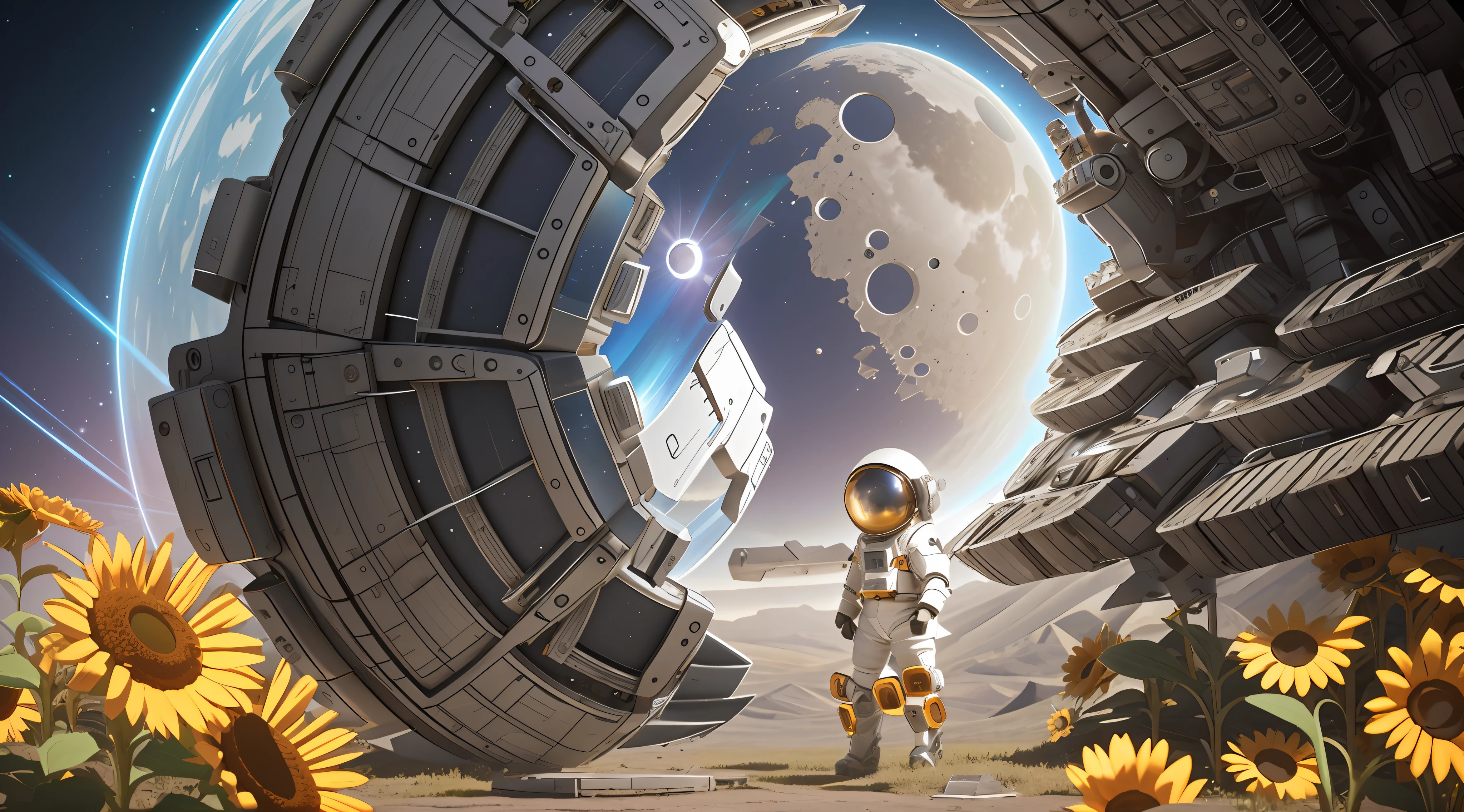 The spaceship lands on a sunflower field with a man in a spacesuit, Portal to outer space, , Astronaut lost in extreme space, Surreal space, fantasy space, Sci-fi 4k highly detailed digital art Laura: blindbox_v3:1, 3D rendering, OC rendering, exquisite
Textures, nice soft shadows, soft lighting, the best
High quality, super fine, masterpiece, fine detail, high quality, 8k