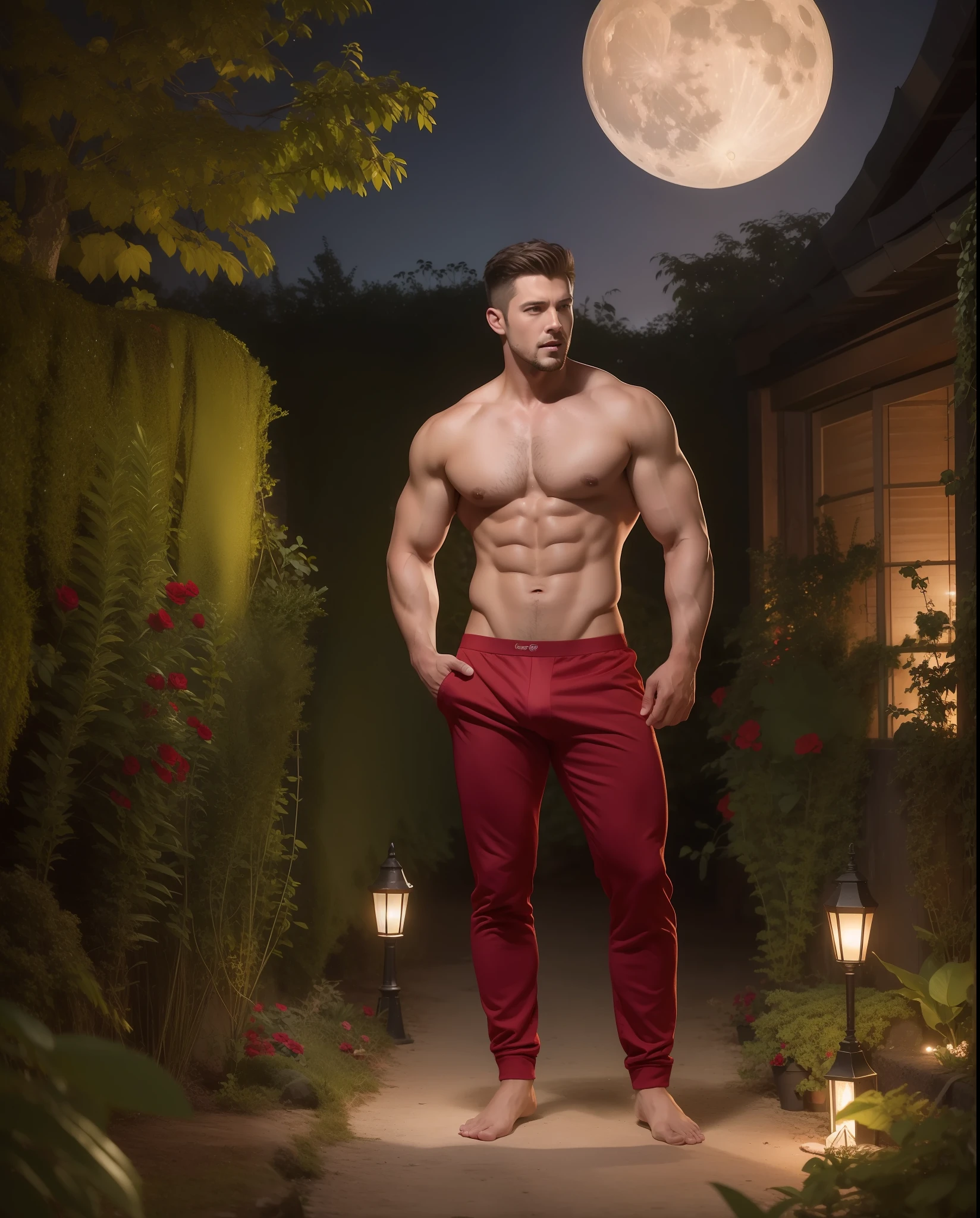 Handsome Logan. Dressed in red and topless boxers. (standing in a GARDEN), at NIGHT, with a large full moon. (side view). Photorealistic style, 8k, detailed face, high quality.