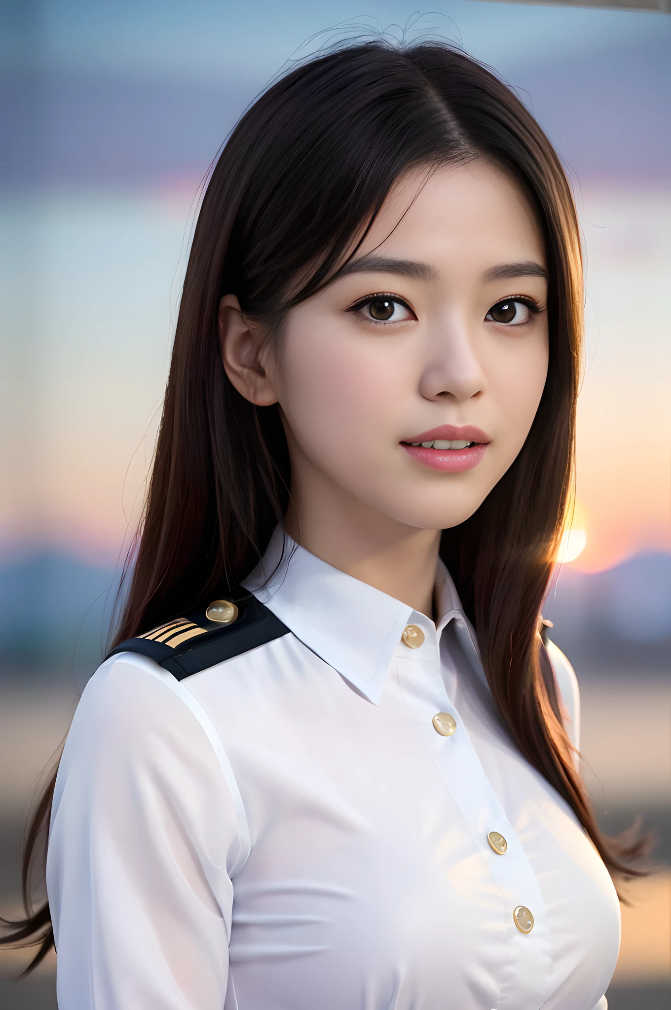 (masterpiece:1.2), (Best quality:1.3), 4k, 8k, 16k, 32k, (UHD:1.2), (realistic:1.5), (photorealistic:1.3), (ultrarealistic:1.3), (Extremely detailed CG unity 8k wallpaper:1.2), ultra detailed, (high resolution: 1.5), (beautiful skin: 1.2), (pale skin:1.3), (hyper-sharp focus: 1.5), (ultra-sharp image:1.5), (beautiful clean face:1.3), (ultra-detailed background, detailed background:1.3), bokeh, depth of field, BREAK, Photo of extremely cute and beautiful Japanese woman, light smiling girl portrait, upper body image, When viewed from the front, the composition is symmetrical, (magazine photo lighting:1.3), (cinematic light:1.2), back light, looking straight at you with serious eyes, standing, sexy model pose, BREAK, (chestnut half-up hair:1.2), dark brown eyes, mahogany hair, single hair, bangs, slender, abs, (medium large breast;1.35), (narrow waist:1.15), adult, (detailed beautiful girl:1.4), best quality, woman, adult, (detailed Air-force pilot captain costume:1.3), (white pilot captain shirt:1.3), (black high-waist shorts:1.3), (Beautiful sunset US air force base at runway view background:1.2), (embarrassed laughing:1), (light smile:1.1), ((perfect female body)), (upper body image:1.3), frame the head,