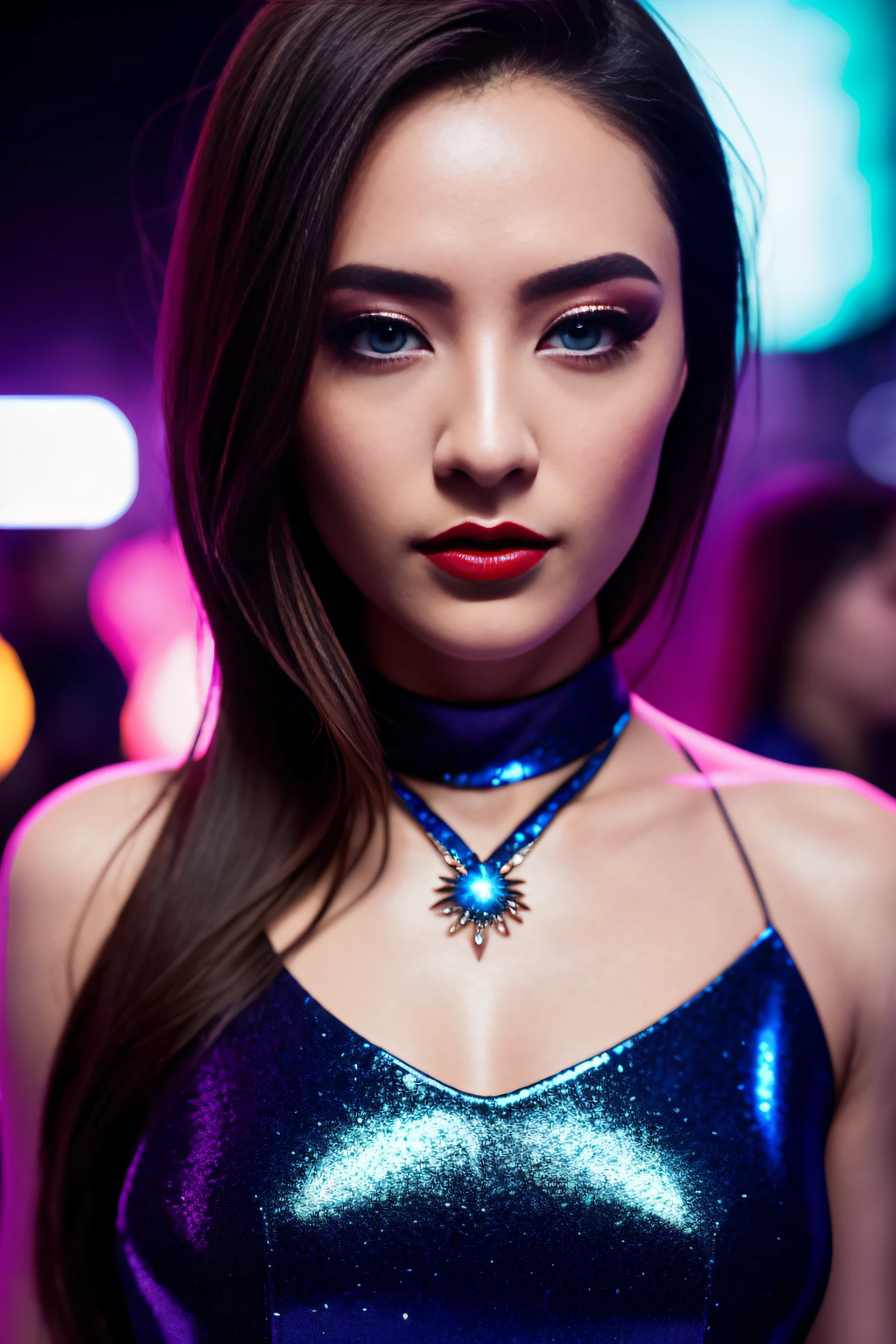 (masterwork:1.1), (photorealism:1.1), (1girl), sexy outfit, different hair, kneeling, facing the camera, (looking up to camera:1.2), instaport style, flushed, ((full body portrait)), alternative woman, (open mouth), (wearing sexy clothes:1.2), (necklace), detailed photograph, poster, high detailed, 8k, focus on lips, facing camera, 8k resolution, embarrassed, (perfect beautiful eyes), polished, HDR, 8k, sharp focus, focus on face, (flat chest:1.2), small breasts, dark eyeliner, lipstick, (in a crowded nightclub), at night, background neon lights, people in background, color photo, shallow depth of field, natural light, (perfect hands), perfect face, damp hair, serious eyes, contrast, textured skin, cold skin pores, gigapixel , feet visible, flawless face, lut, insane details,