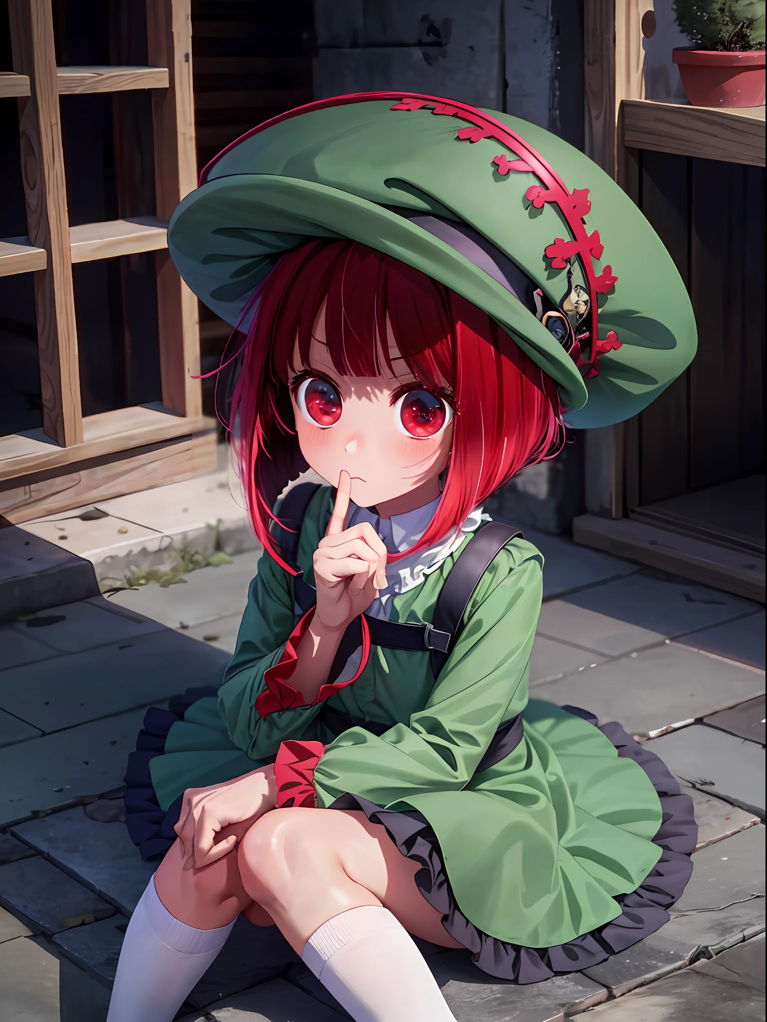 Kana Arima, red hair, red eyes, no light in the eyes, cloudy eyes, darkness falling, yandere, loli, 5 year old girl, (green beret, green dress: 1.5), white high socks, simple dress,