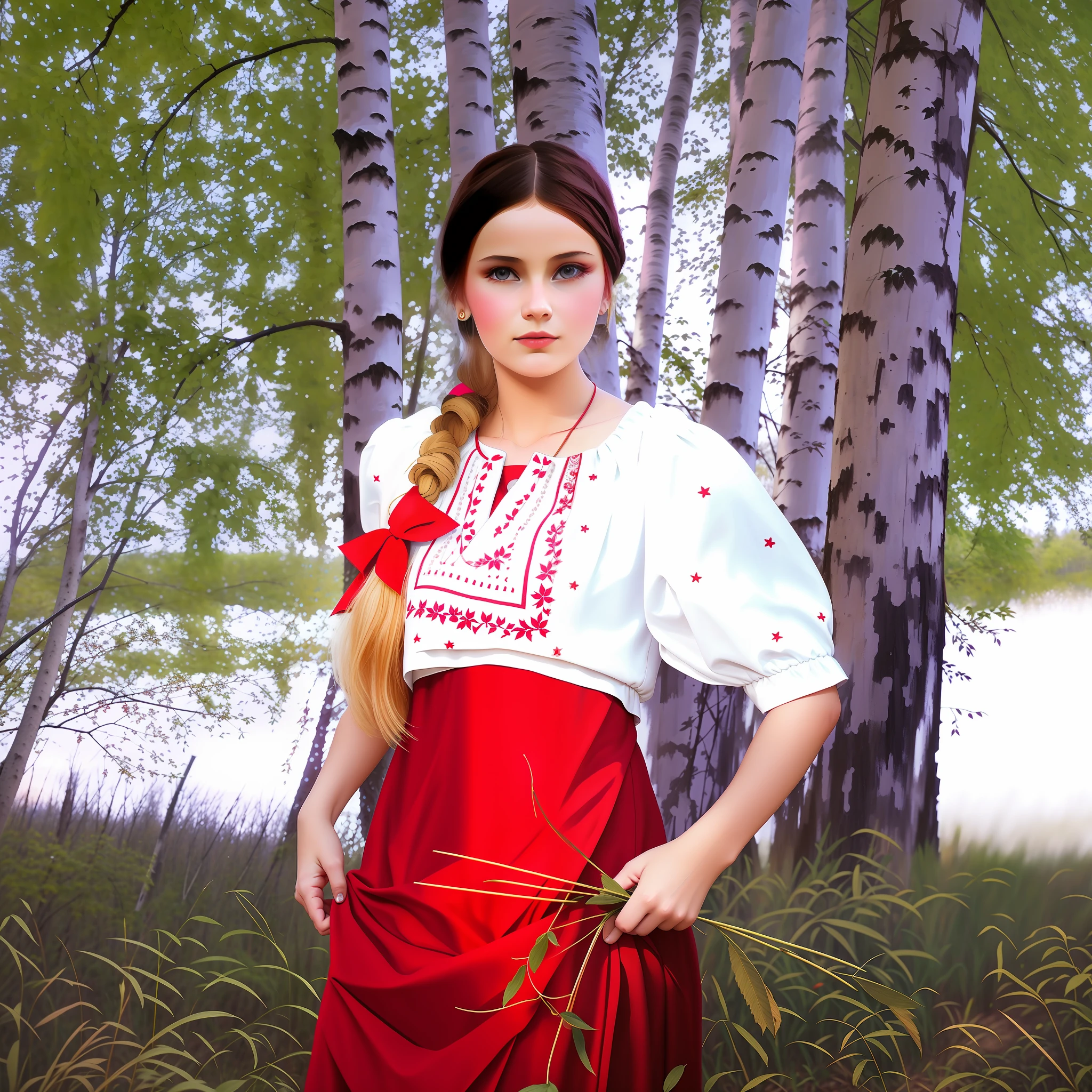 there is a woman in a red dress standing in a forest, ukrainian girl, ukrainian national clothes, slavic style, ukrainian national costume, traditional russia, hrushevka on background, slavic folk fairytale, russian clothes, by Igor Grabar, russian costume, ukraine. professional photo, wearing a white folkdrakt dress, inspired by Igor Grabar