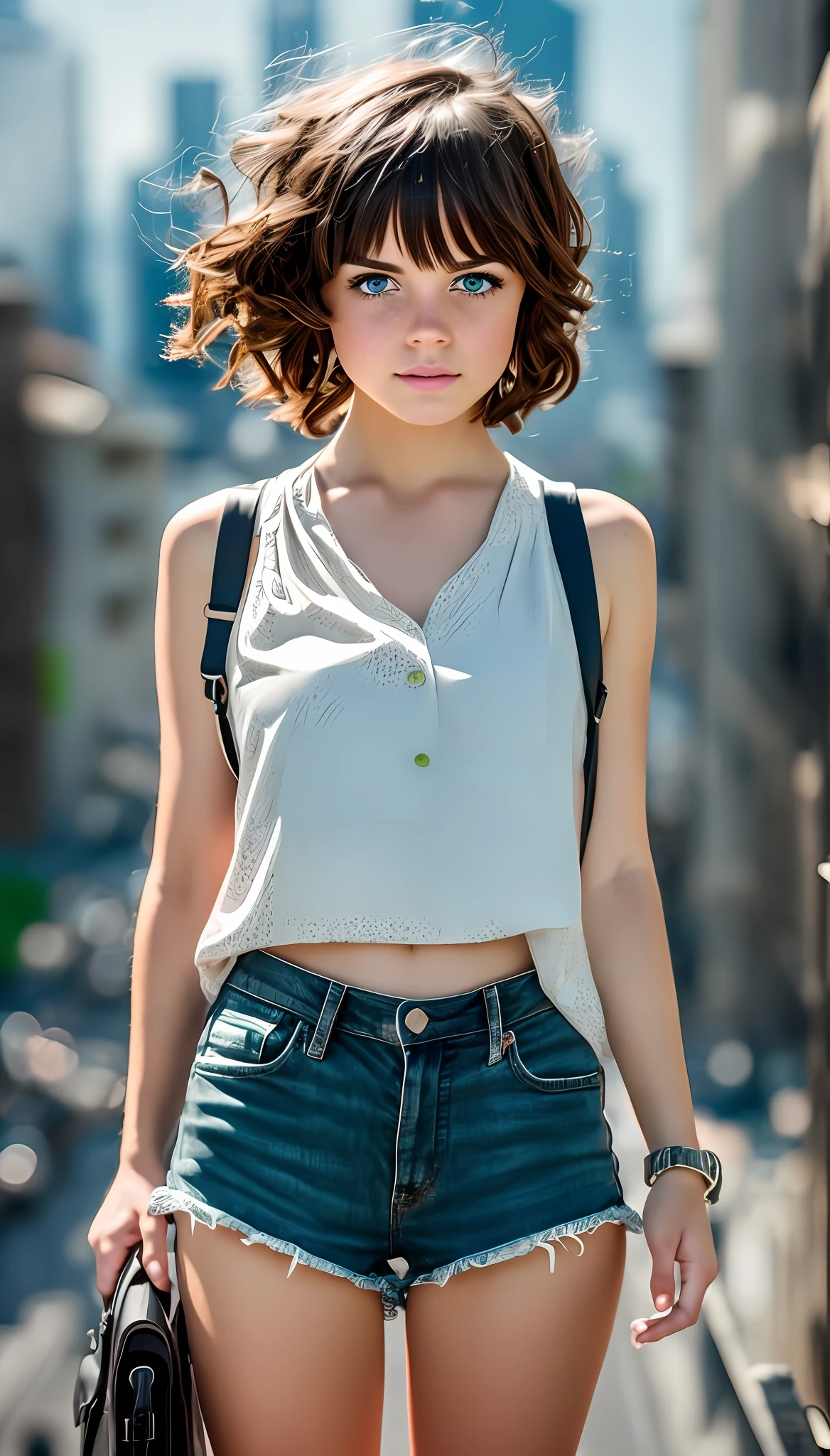 photograph of a woman standing, 32 years old, some freckles on the face, bulky breasts, best quality, canon 5d, maximum quality, 4k, 8k, 16k, ultra high resolution, raw photo in hdr, sharp focus, hyper realistic, realistic texture, intricate face, intricate eyes, high contrast, skin with imperfections, subsurface scattering, f2, depth of field, film grain, Highly detailed, ultra-detailed, small pink lips, short shorts, light green eyes, long dark brown hair, detailed eyes, complex face, blurry city in the background, cuteness, high contrast