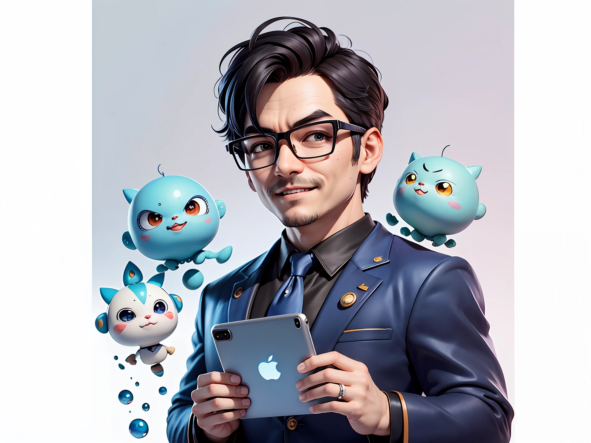 Masterpiece), (Excellent), (Super Meticulous), (Full Body: 1.2), Super Young Woman, Beautiful, Sexy, Bursting, Oriental Face, TV Anchor, Bust Portrait Illustration, Alone, Black Suit, Blue Tie, Silver Glasses, Slightly Chubby Face, Very Clean Face, No Beard, Black Super Short Hair, Black Eyes, Confident Smile, 3c Computer Sub-Products, iPad, iPhone, Digital Painting, 3D Character Design by Akira Toriyama with Mark Claireden and Pixar and Hayao Miyazaki, The illustration is a high-definition illustration in 4K resolution with very detailed facial features and cartoon-style visuals.