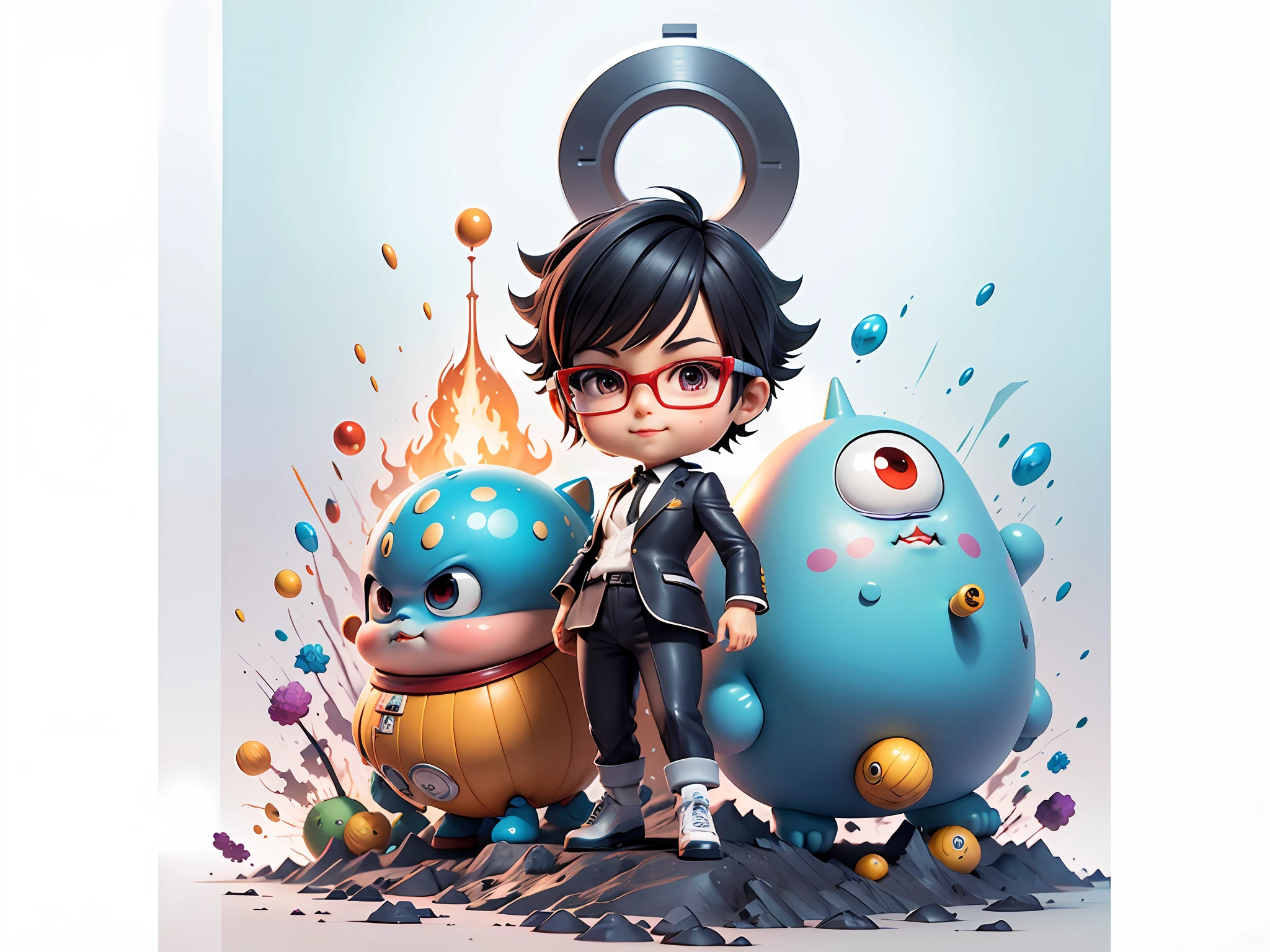 Masterpiece), (Excellent), (Super Meticulous), (Full Body: 1.2), Super Young Woman, Beautiful, Sexy, Bursting, Oriental Face, TV Anchor, Bust Portrait Illustration, Alone, Black Suit, Blue Tie, Silver Glasses, Slightly Chubby Face, Very Clean Face, No Beard, Black Super Short Hair, Black Eyes, Confident Smile, 3c Computer Sub-Products, iPad, iPhone, Digital Painting, 3D Character Design by Akira Toriyama with Mark Claireden and Pixar and Hayao Miyazaki, The illustration is a high-definition illustration in 4K resolution with very detailed facial features and cartoon-style visuals.
