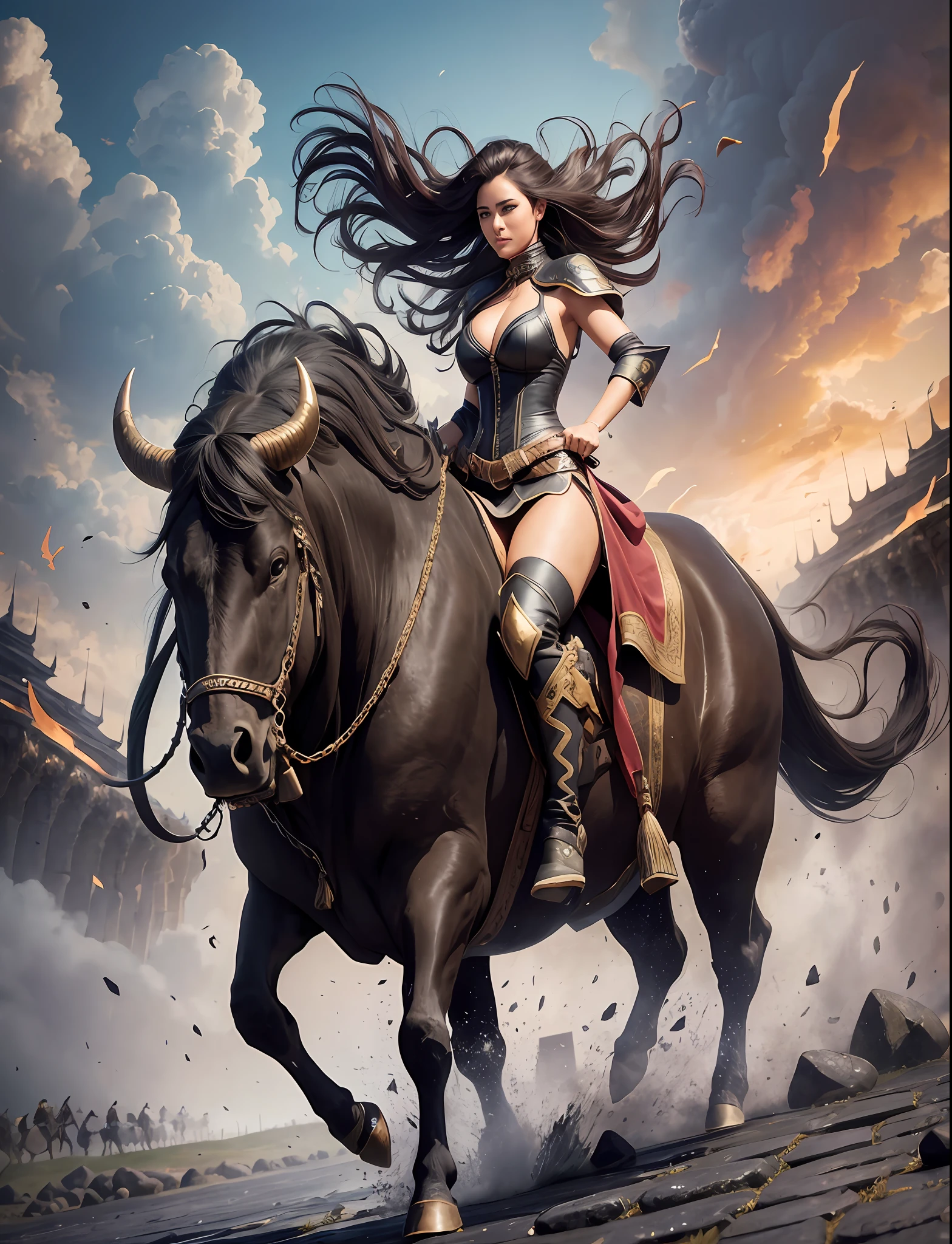 beautiful woman riding a huge bull, walking on black stones, in the middle of the battlefield --auto --s2