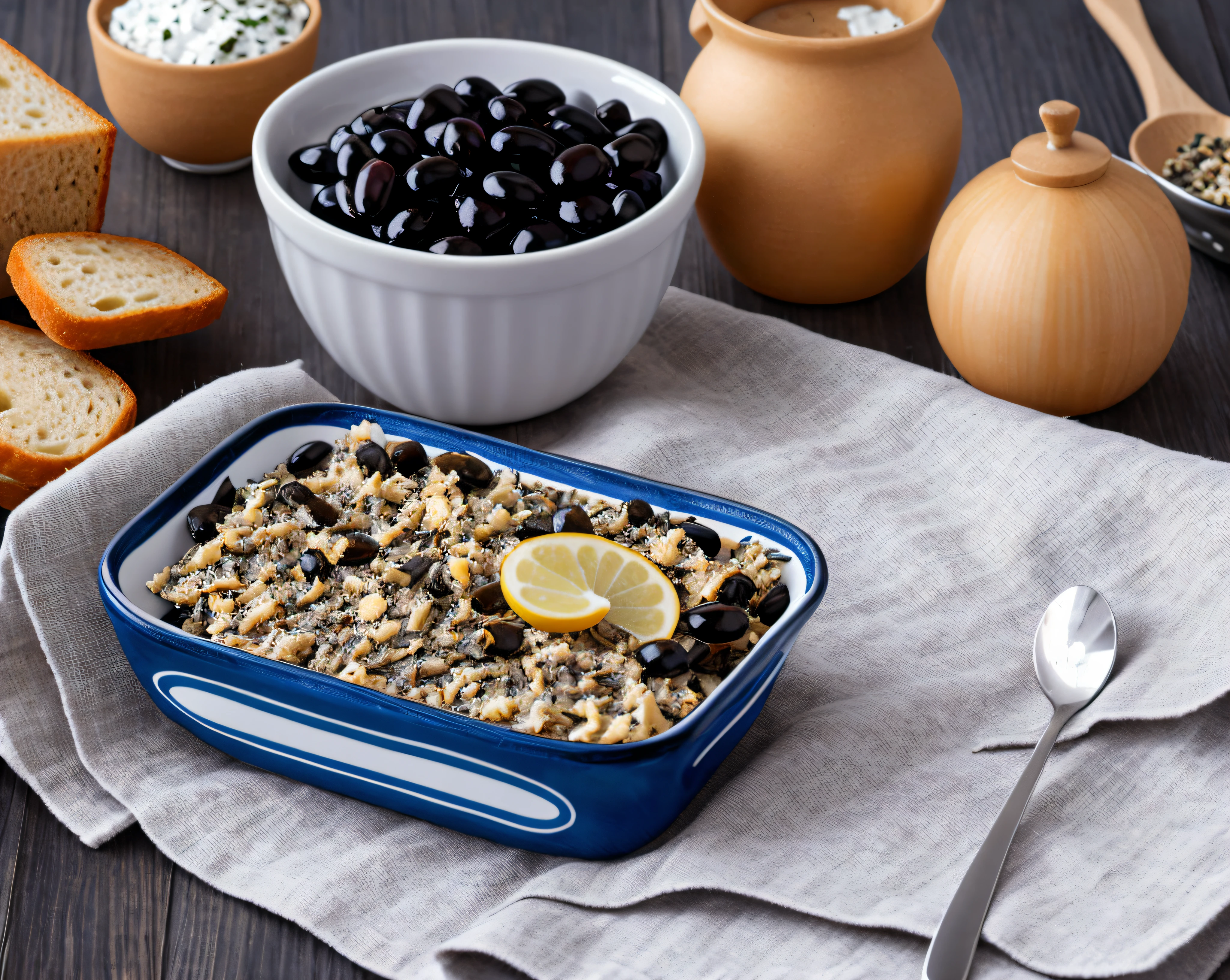 sardines on a cloth, a little bowl of black olives, garlic cloves, bread