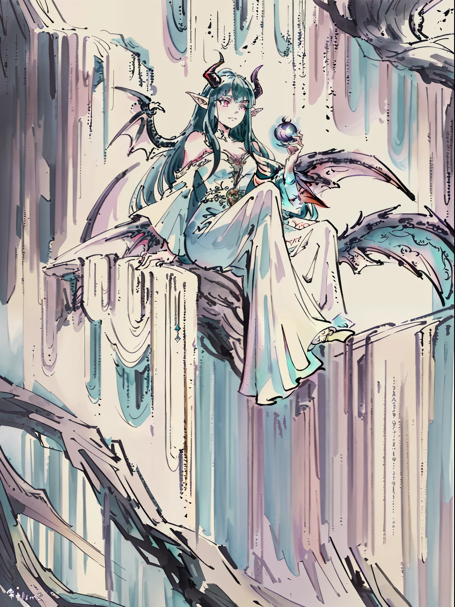tyrande whisperwind, elegant elf woman, beautiful, high definition artwork, realistic, tiefling woman, 1girl, black dragon horns, black dragon tail, outdoors, nature, plants, demon horns, soft colours, soft colors, high detail, white revealing dress, high detailed face, beautiful face, gentle, tiefling horns, sheer dress, glowing eyes, magical